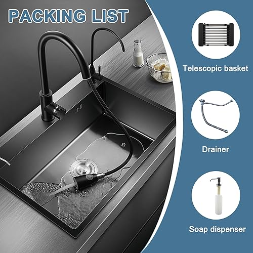 Miniatura 7 de Fregadero de cocina de acero inoxidable negro, juego de fregadero de cocina nano con caída de 21.7 x 17.8 pulgadas, fregadero de cocina de un solo