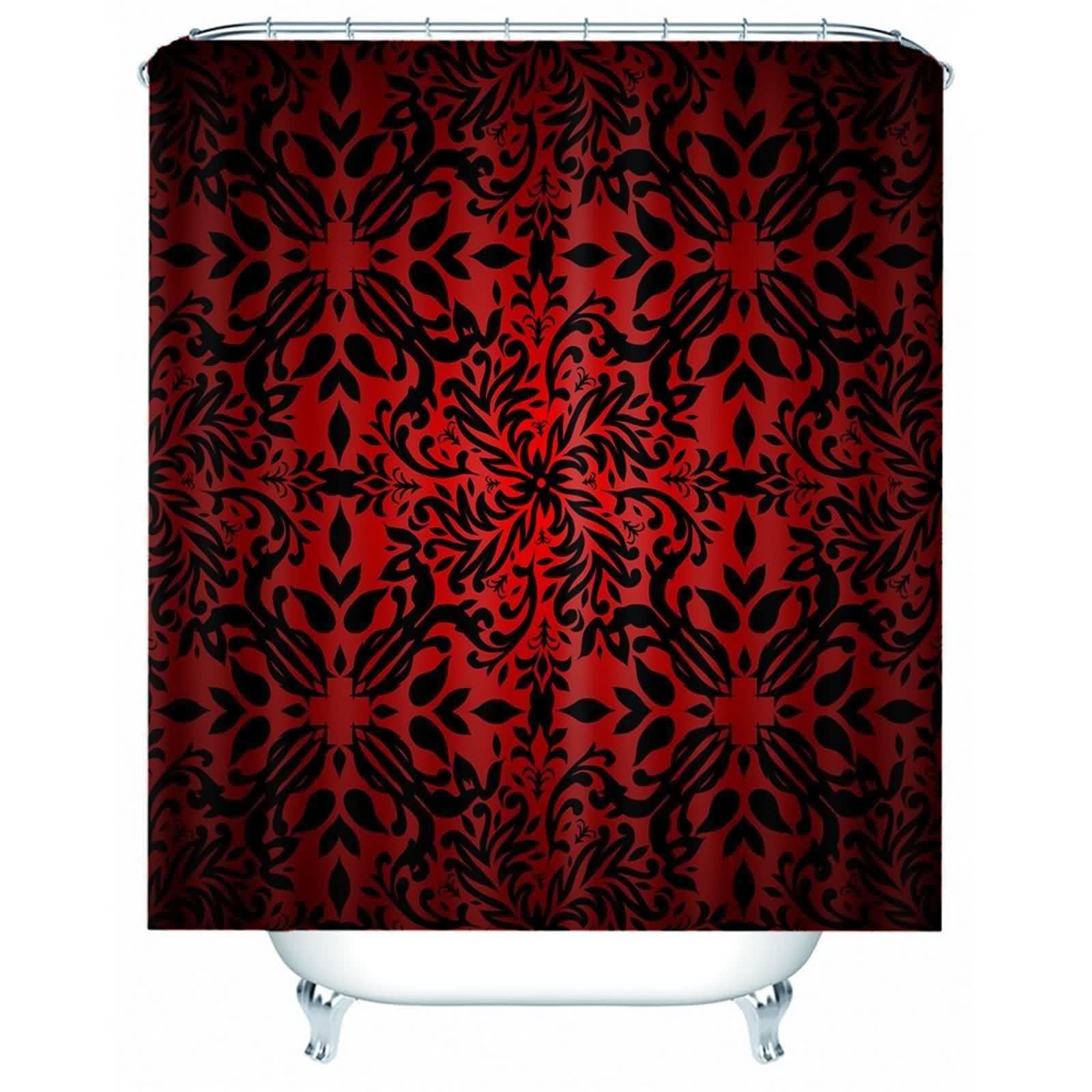 Rideau de douche rouge et noir en polyester imperméable avec anneaux pour baignoire de salle de bain