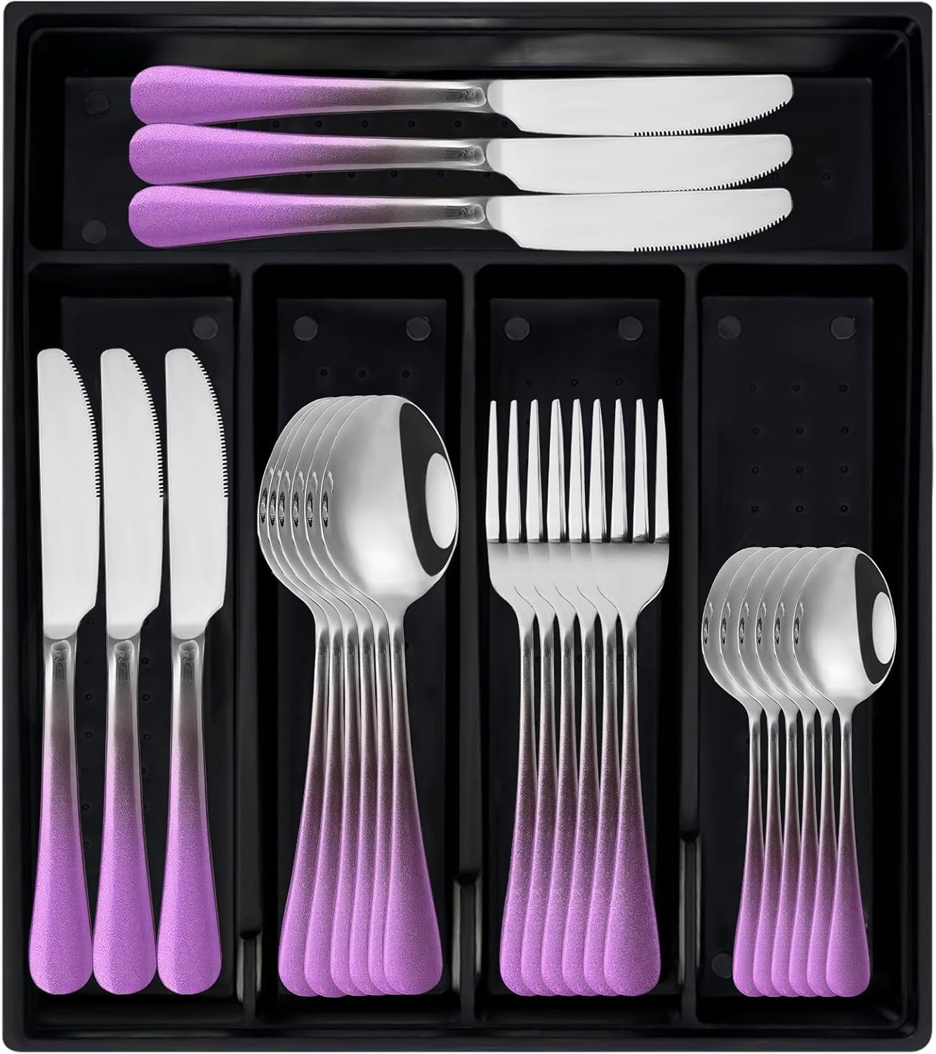 Gilded Silverware Set, 24 Piece Cutlery Set with Holder, Service for 6, Mirror Polished Tableware Set for Home Kitchen (Purple Silver) — image 1