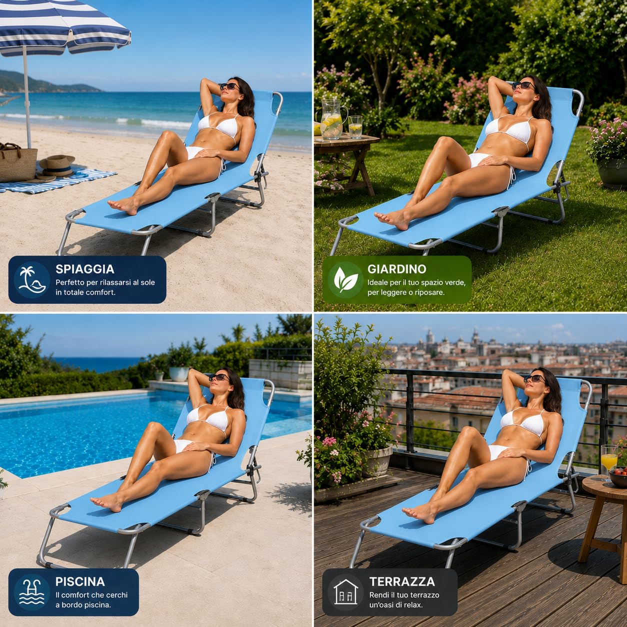 COGLIANESE CASA & RICAMBI Lettino Prendisole Azzurro (187 x 55 x 25,5 cm) - NESSUN MONTAGGIO - ANTIRUGGINE - Tessuto Oxford Traspirante e Antistrappo - Schienale Regolabile Su 5 Livelli