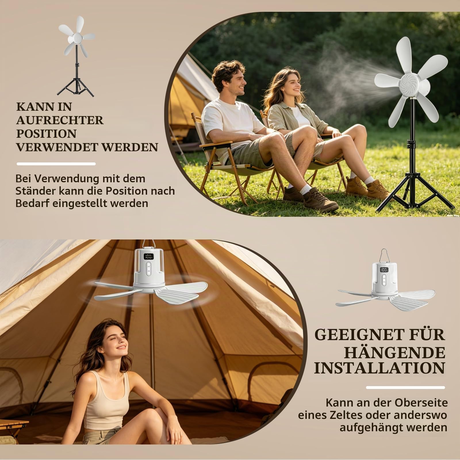 40cm Deckenventilator Akku, 12000mAh wiederaufladbarer Ventilator Lampe Decke mit Fernbedienung & LED Licht, 4 Windstufen und Zeitschaltuhr Leiser Deckenventilator für Hausgebrauch and Freien