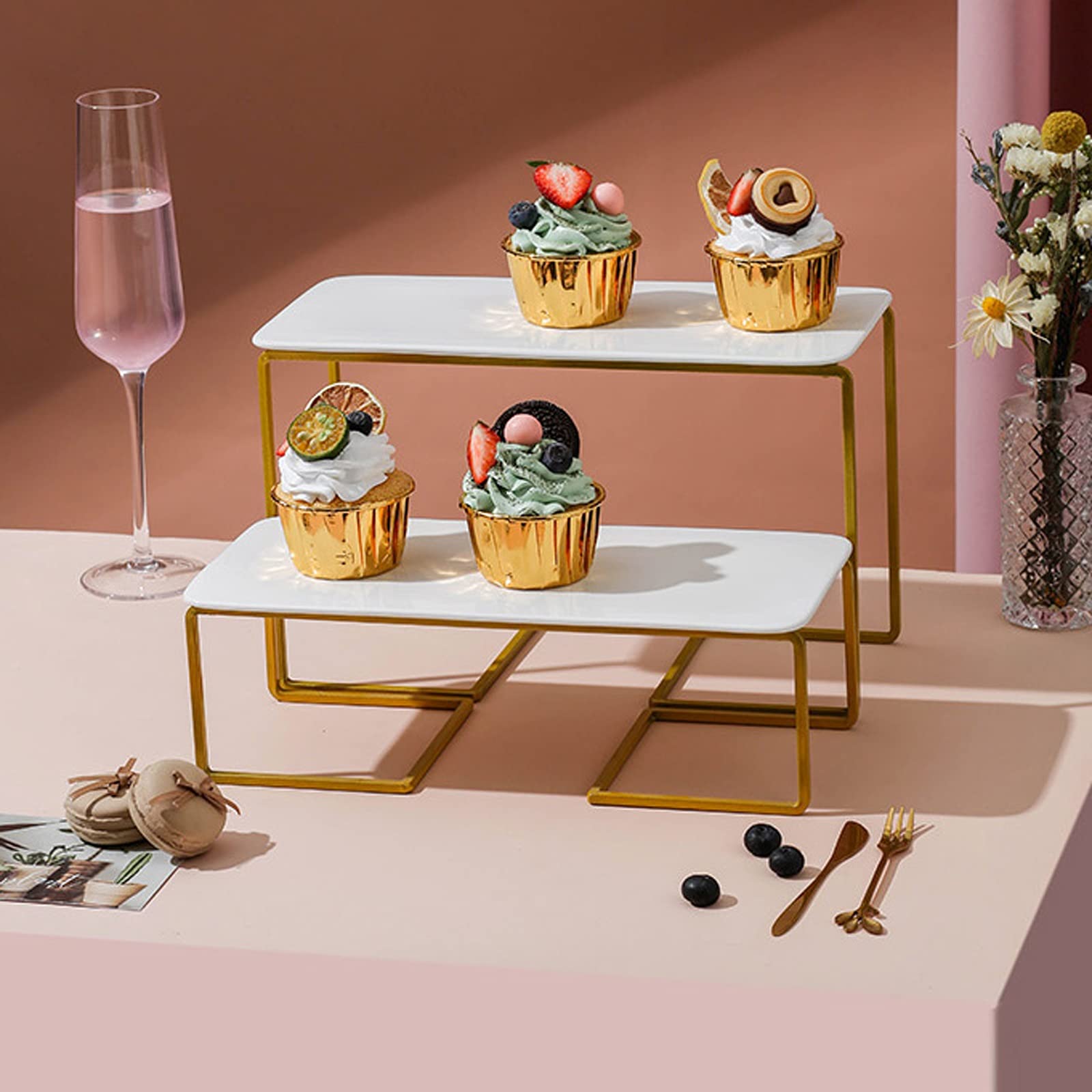 Présentoir à gâteau en fer forgé doré - Table à dessert simple avec plateau en céramique - Présentoir à cupcakes de mariage - Plateau de service rectangulaire - Support à dessert (taille : S)