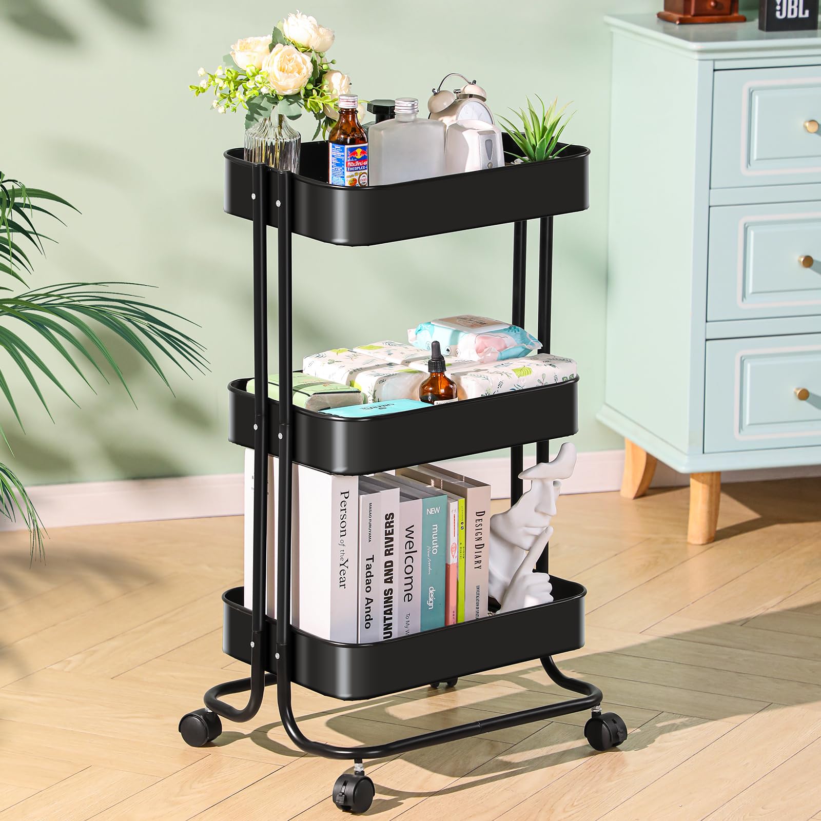 Photo 1 of JOYBOS 3-Tier Metal Rolling Utility Carts with Wheels,Heavy-Duty Storage Rolling Cart,Multifunctional Mesh Organization Grocery Utility Cart, Craft Art Cart for Kitchen,Office,Bathroom,Cleaning,Dorm 3 Tier-Black