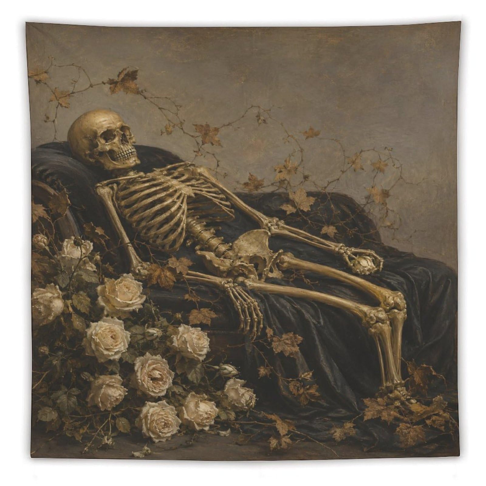 H3B8U2Y5 Skeleton with Roses Wall Tapestry, Fantasy Illustration, Sofa Area