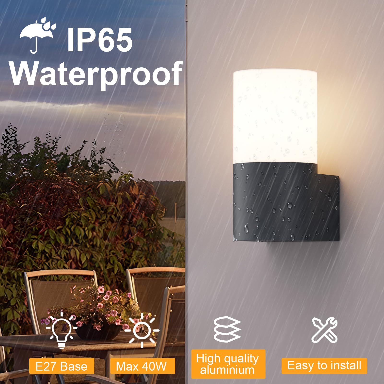 Klighten 2 Aplique de Pared E27 Interior/Exterior, Antracita Lámpara de Pared, IP65, Aluminio Moderno, para Entrada Terraza Jardín, 40W Max