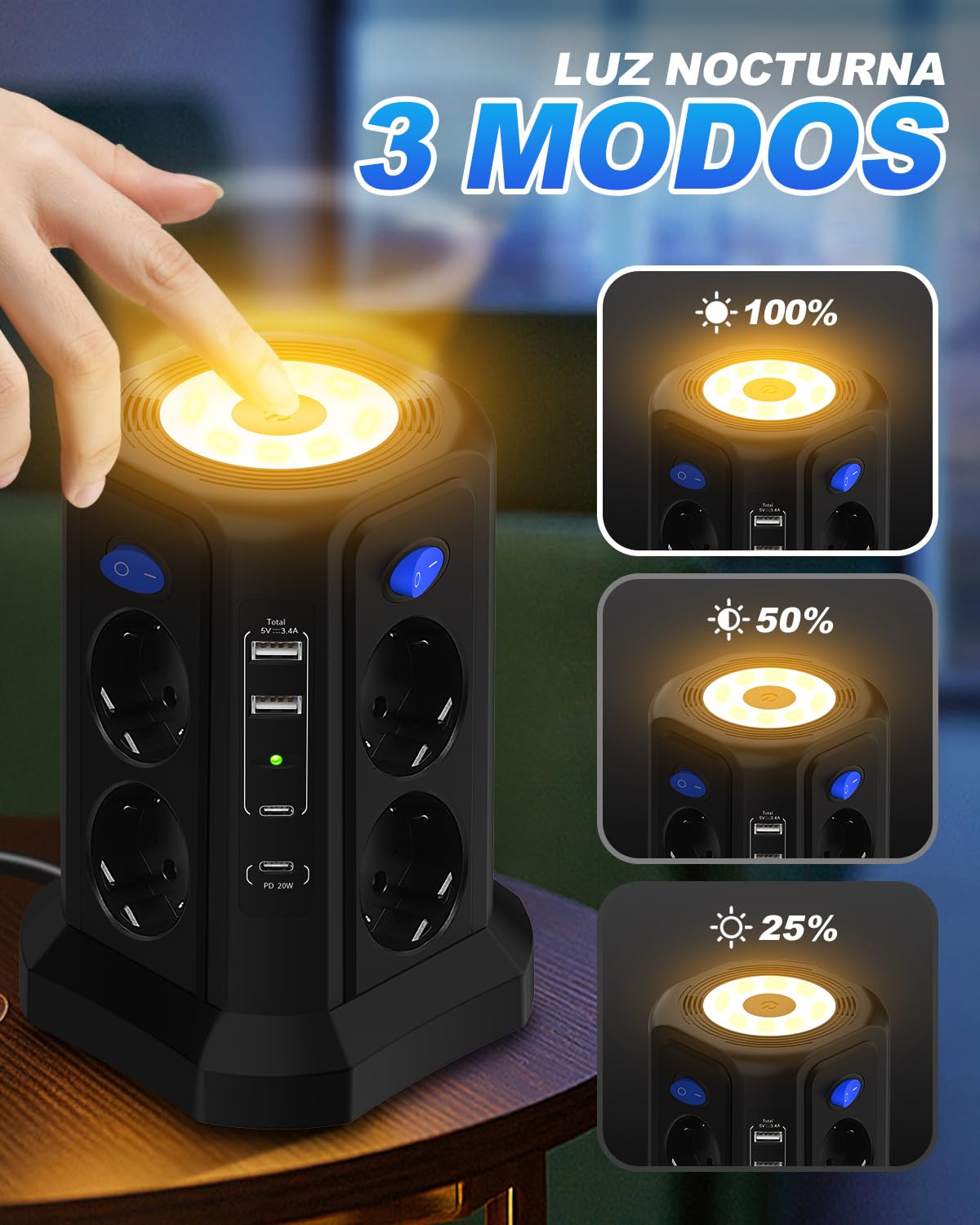 Torre Regletas Enchufes con Luz Nocturna y Carga Rápida PD 20W, Regleta Vertical 4000W 16A con Cable 3M, Protección Sobretensión, 8 Tomas y 4 USB, 4 Interruptores Independientes para Oficina y Casa