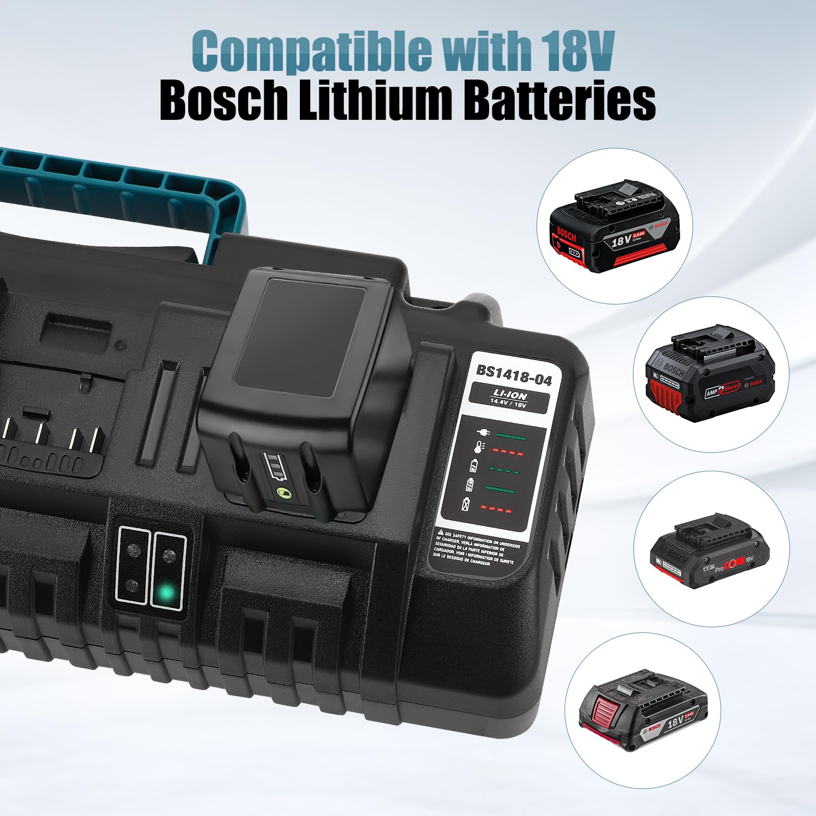 Cargador de 4 Puertos con Dos Puertos USB, Compatible con baterías de Iones de Litio Bosch de 14,4 V a 18 V, BS1418-04, con indicador LED y protección de Seguridad.