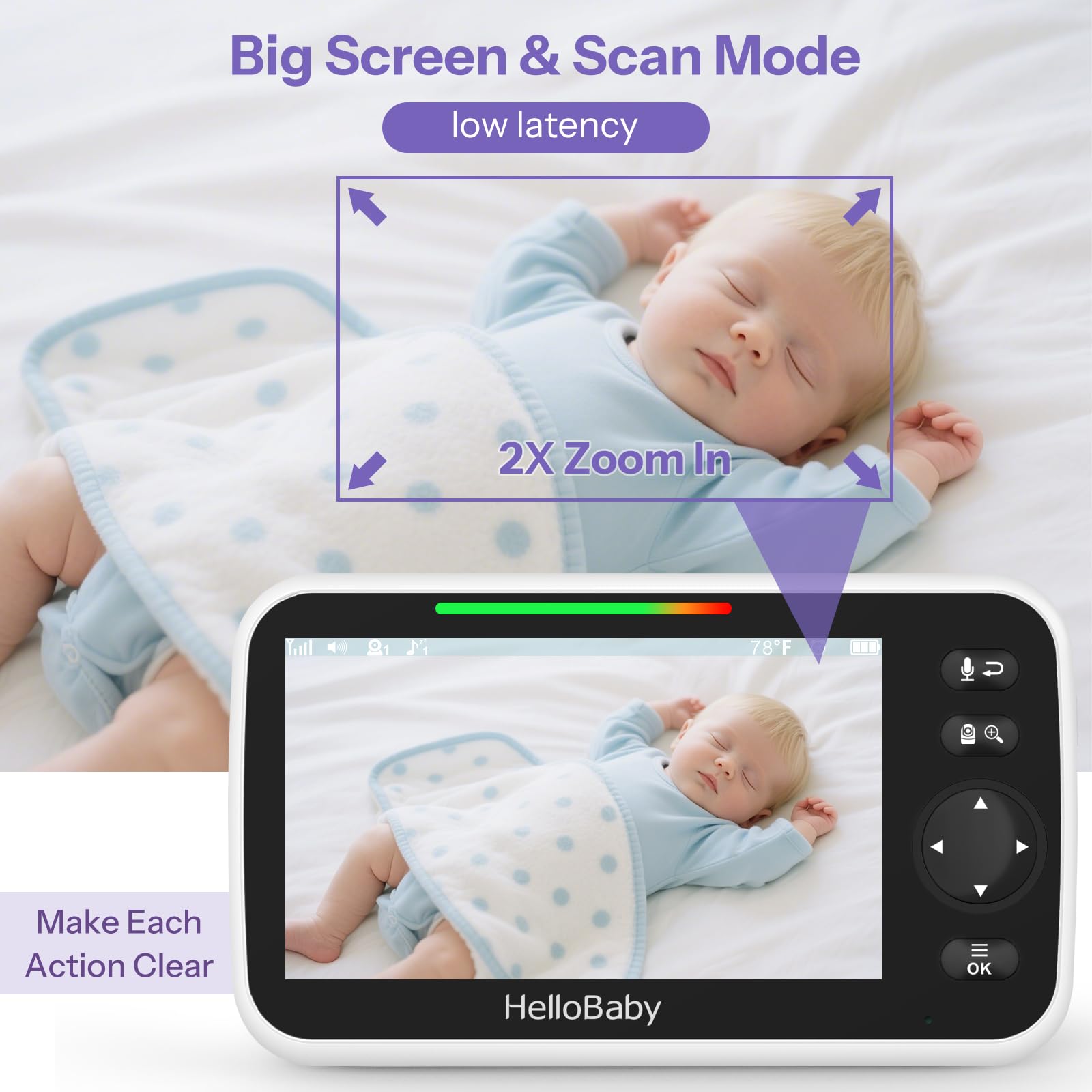 HelloBaby Babyphone Caméra Moniteur vidéo pour bébé Avec caméra et Vision Nocturne, Pantalla LCD Couleur Caméra de Vision Nocturne Infrarouge Mode Eco Affichage de La Température Sleepie