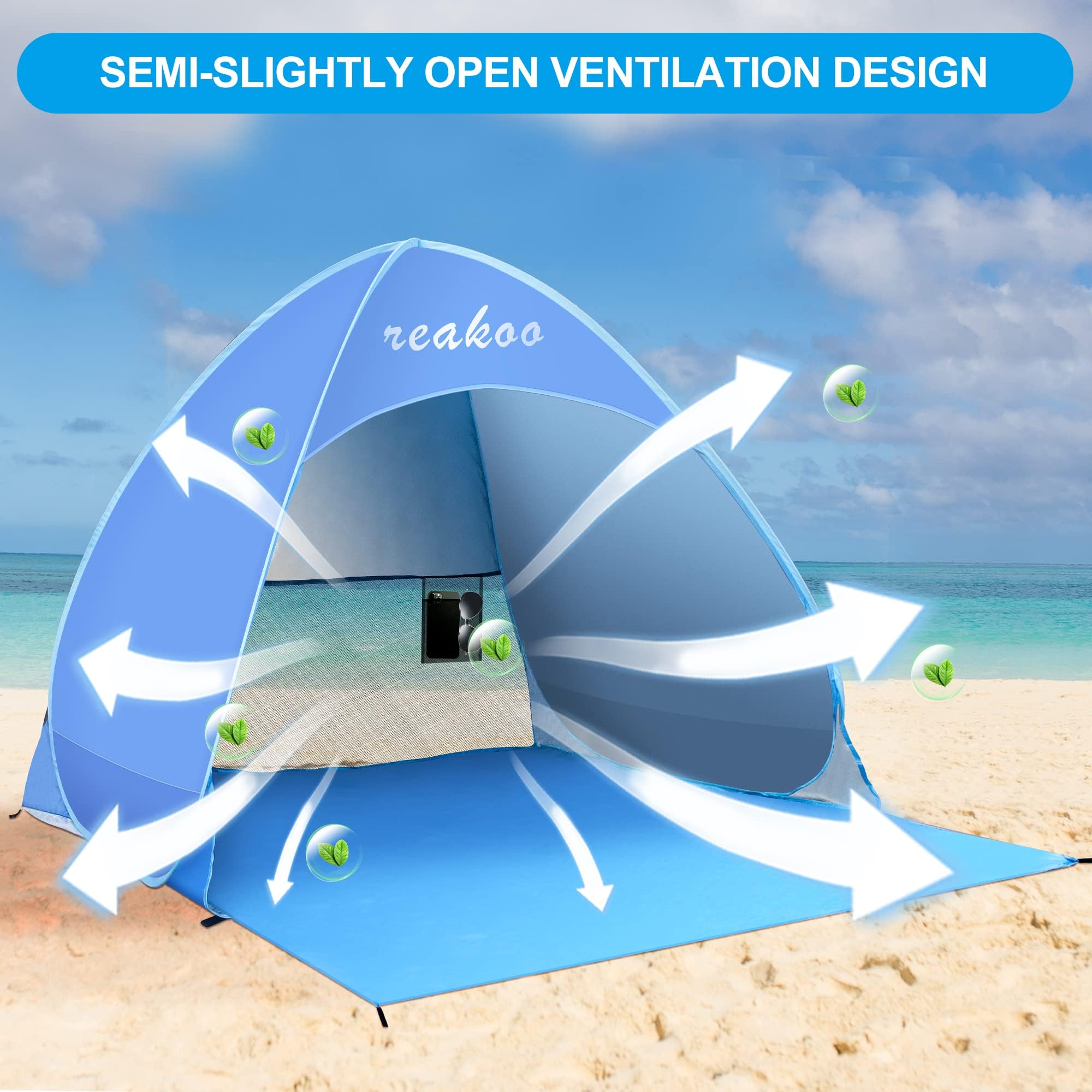 Tente de Plage Automatique, Portable Abri de Plage Pop Up, Tente Anti UV, Protection Solaire UV UPF 50+ pour 3-4 Personnes