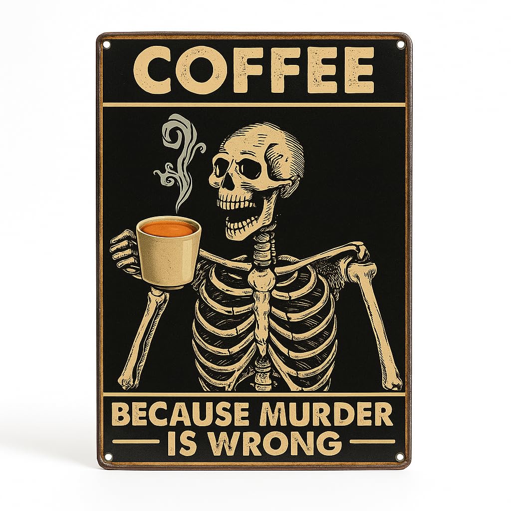 Vintage Style Metal Coffee Sign 30 x 20 cm - Skeleton Coffee Mug Wall Plaque, COFFEE Because Murder Is Wrong Funny Retro Tin Wall Art for Kitchen Cafe Bar Home Office Man Cave, Gift for Coffee Lovers