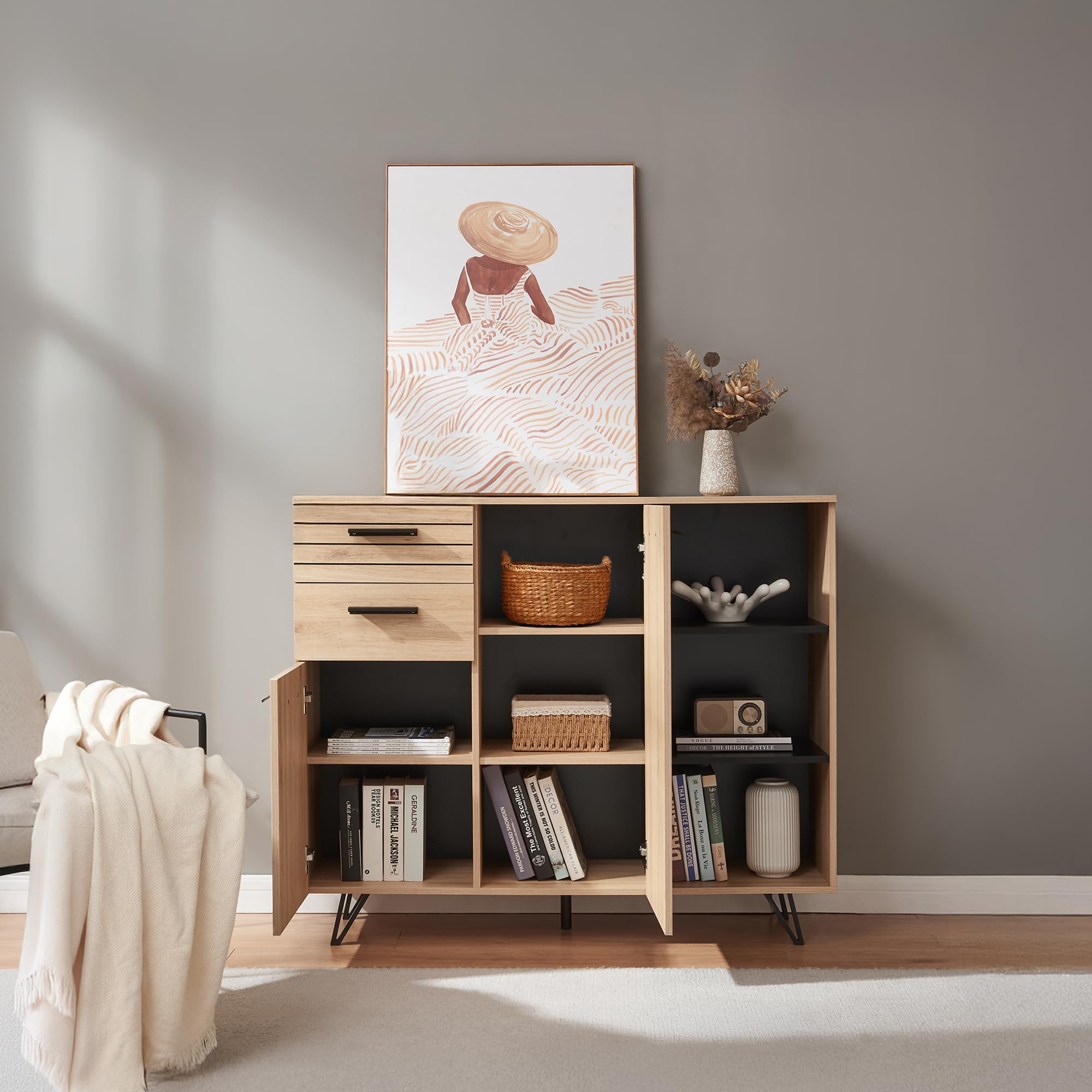 [en.casa] Aparador para Salón Noppen Aparador Multiusos con 2 Cajones 2 Compartimentos con Puertas y 3 Compartimentos Abiertos Mueble Auxiliar para Comedor Oficina 100 x 120 x 38 cm - Efecto Roble