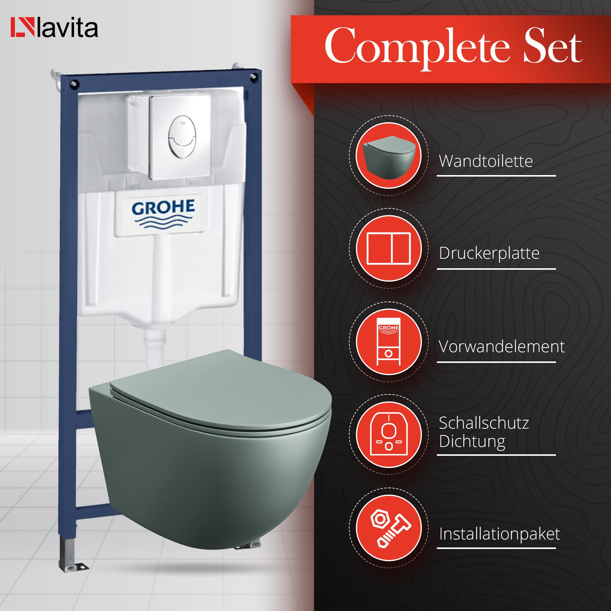 LAVITA Vorwandelement Solido Start + Wand Hänge WC Sinto Grau Spülrandlos + + WC Sitz mit Absenkautomatik Verchromter Knopf Komplettset Unterputz Spülkasten Toilette Komplett Sett WC