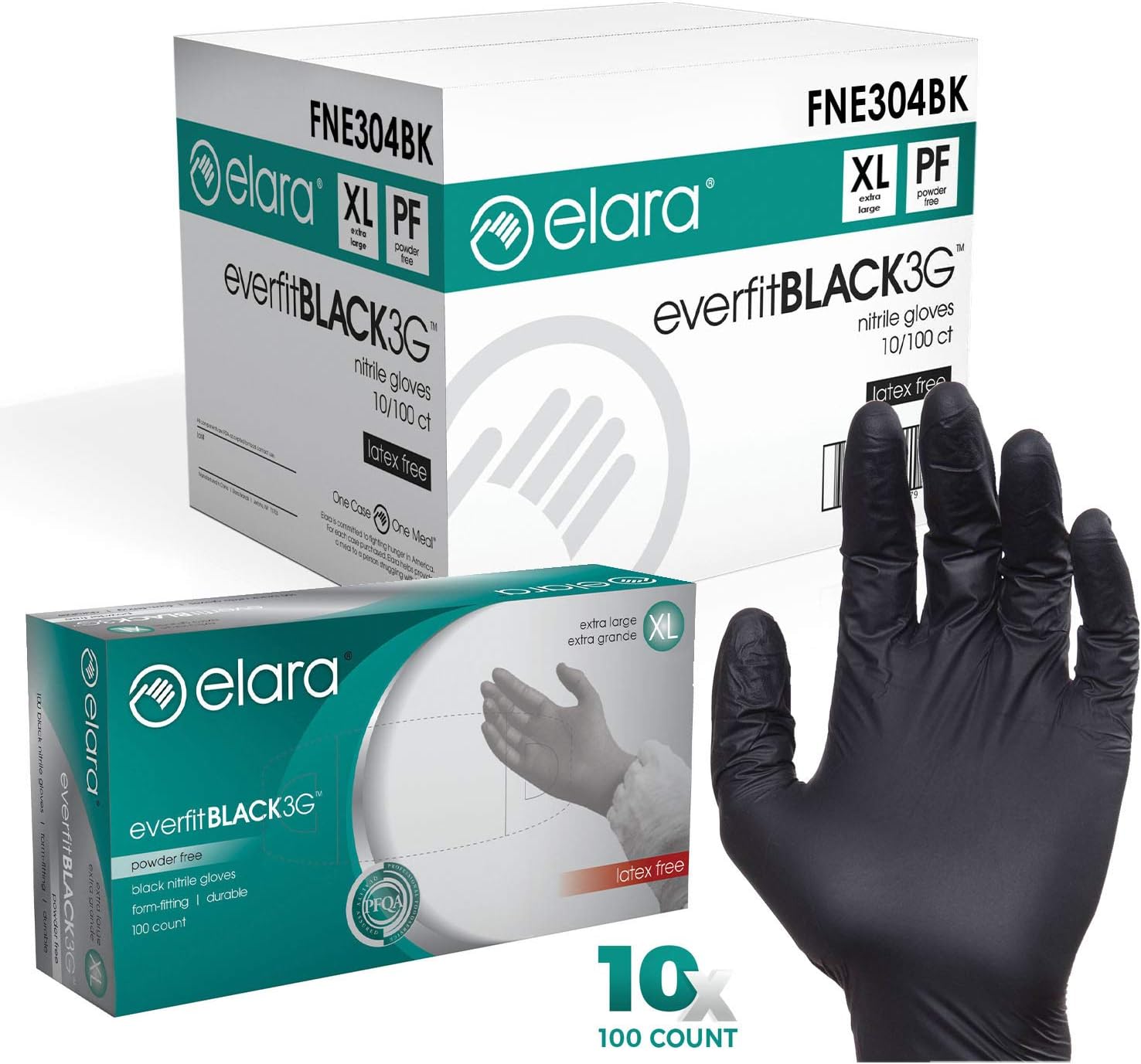 Elara FNE304BK EverfitBLACK3G Nitrile Disposable Gloves, 3 mil, Black, Powder Free, Food Safe, Non-Latex, Size X-Large, Case of 1000