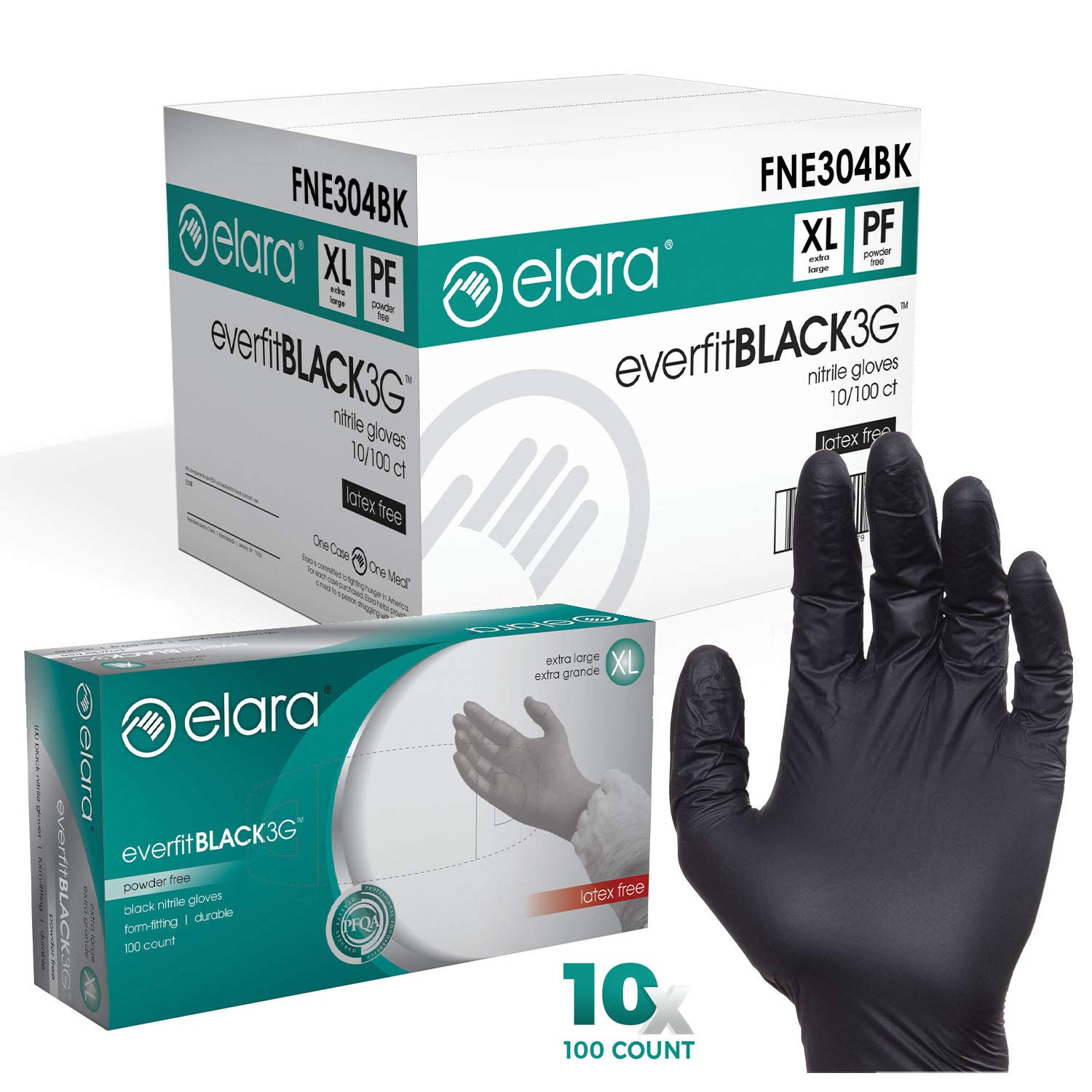 Elara FNE304BK EverfitBLACK3G Nitrile Disposable Gloves, 3 mil, Black, Powder Free, Food Safe, Not Made with Natural Rubber Latex, Size X-Large, Case of 1000