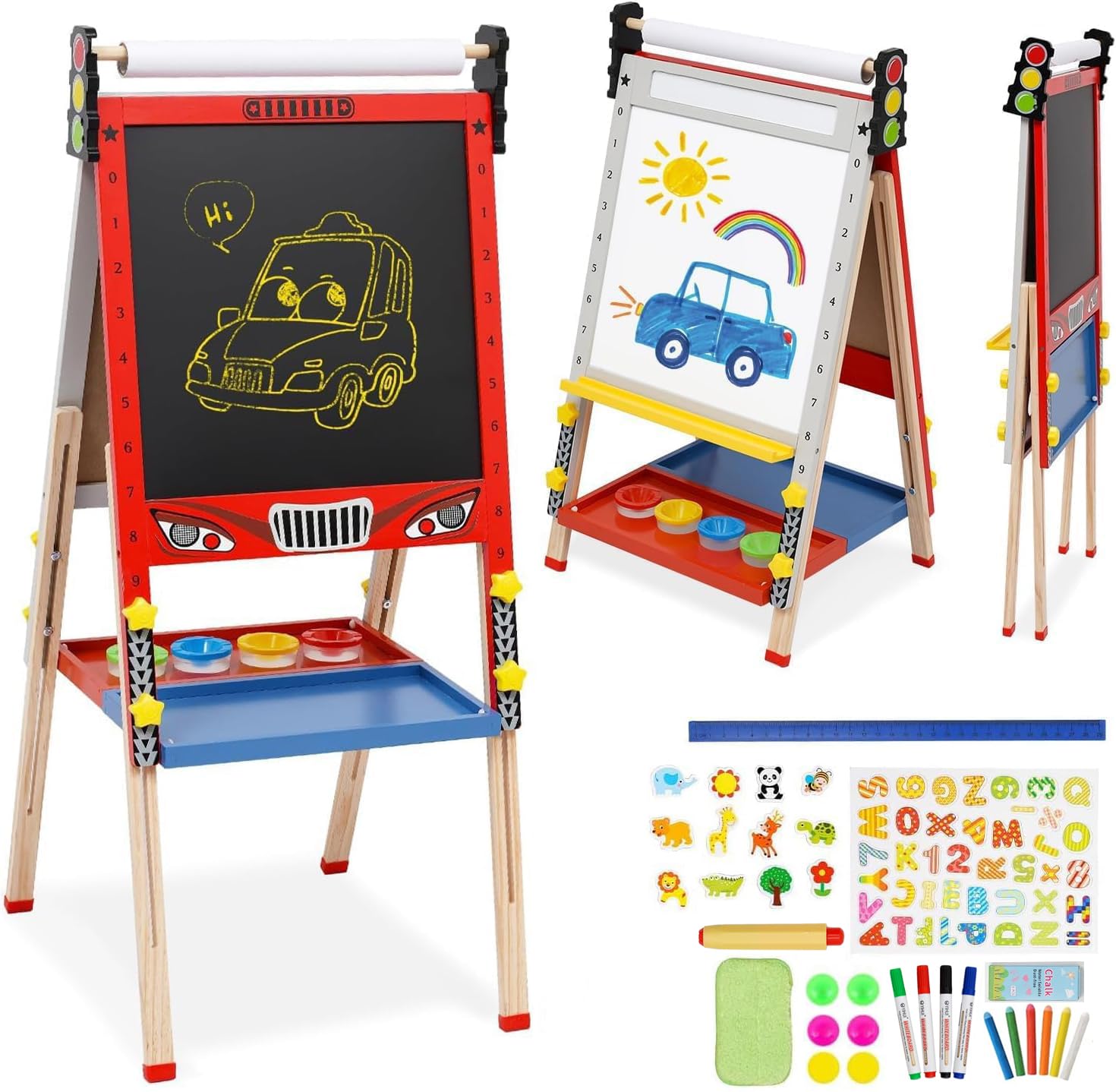 Kids Easel with Paper Roll Foldable Double-Sided Whiteboard & Chalkboard Wooden Art Easel Height Adjustable Standing Easel with Numbers and Other Accessories for Kids and Toddlers (Red Car)