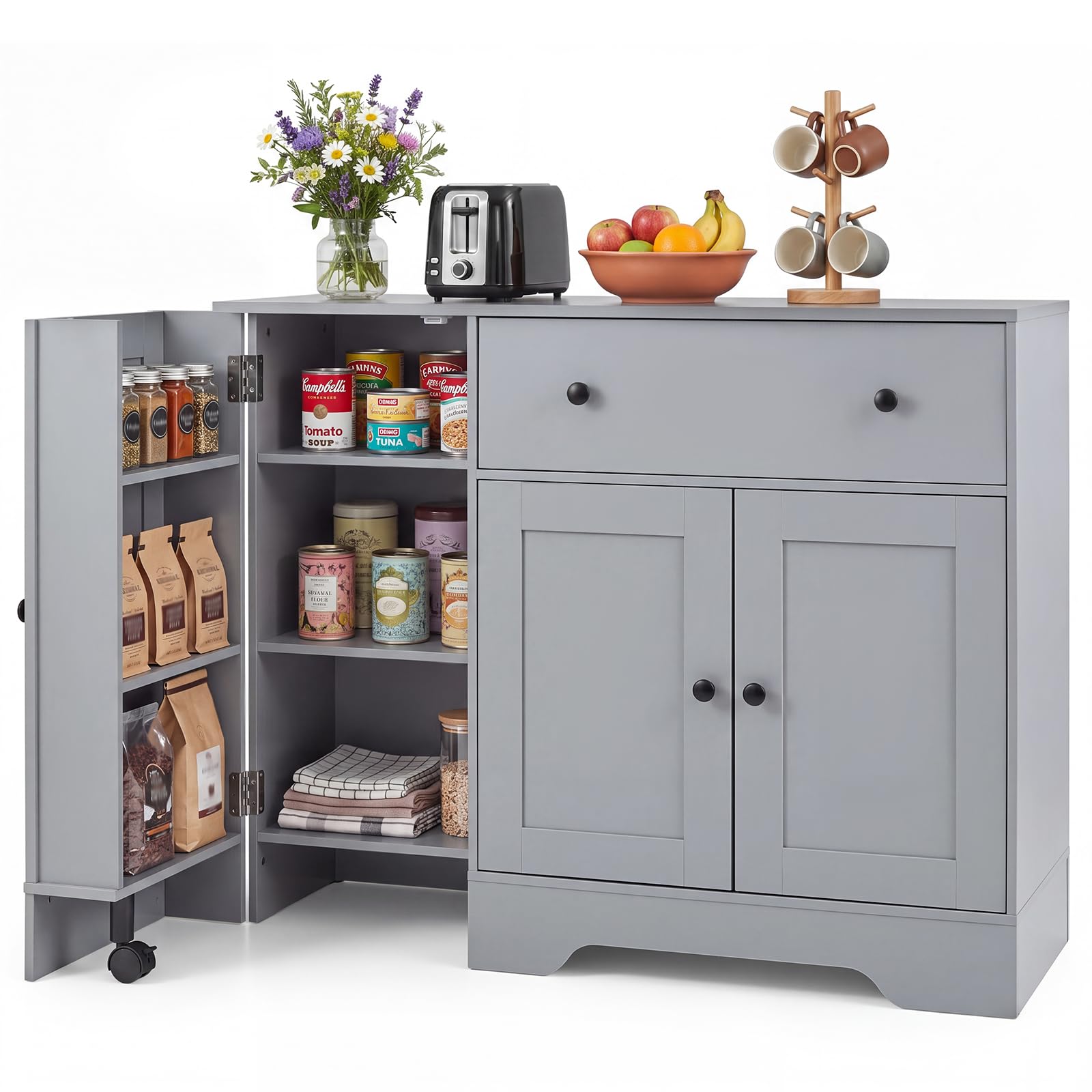 COSTWAY Storage Cabinet with 3 Doors, 3-Tier Side Rack & Lockable Wheel