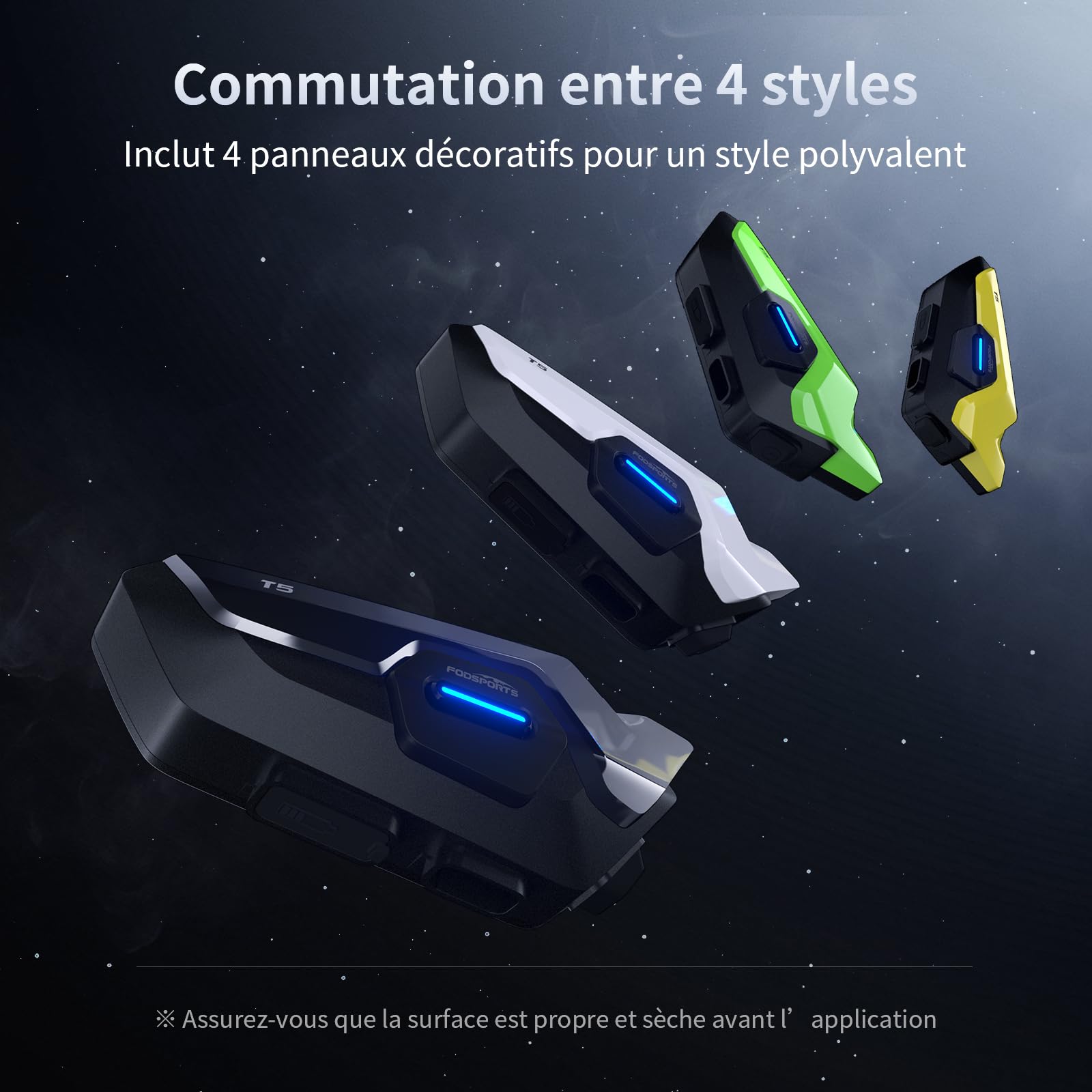 Fodsports T5 Intercom Moto Bluetooth 5.4 avec Assistant Vocal en 9 Langues, Système de Communication Moto avec Partage de Musique, Radio FM, Autonomie de 30 Heures, Étanche IP67, Mains Libres(2 Unité)