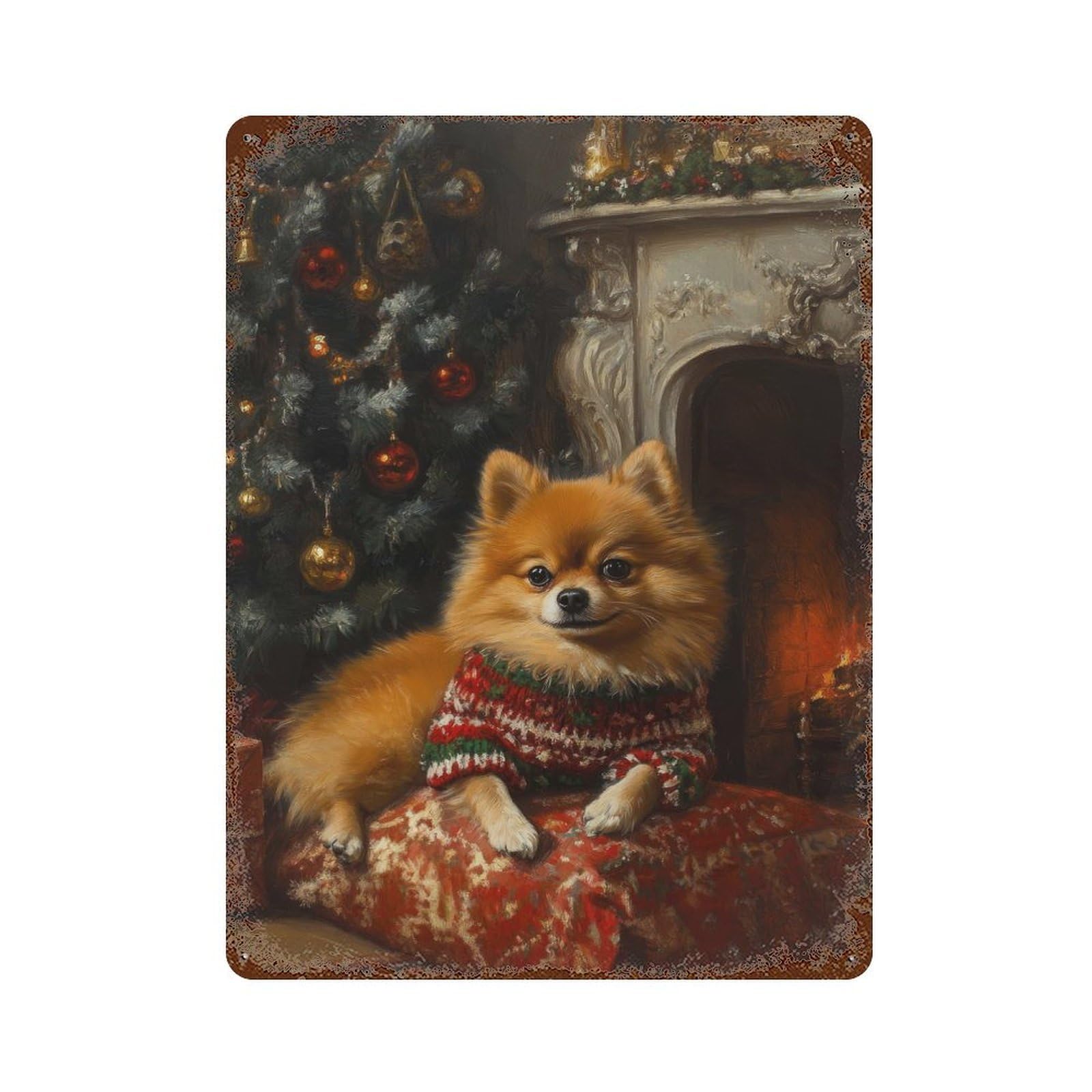 Pomeranian Christmas Portrait Cute Christmas Dog Art Decorative Tin Sign 15.7"x11.8", for Bistro, Counter And Cafe Decor, Classic Wall Plaque