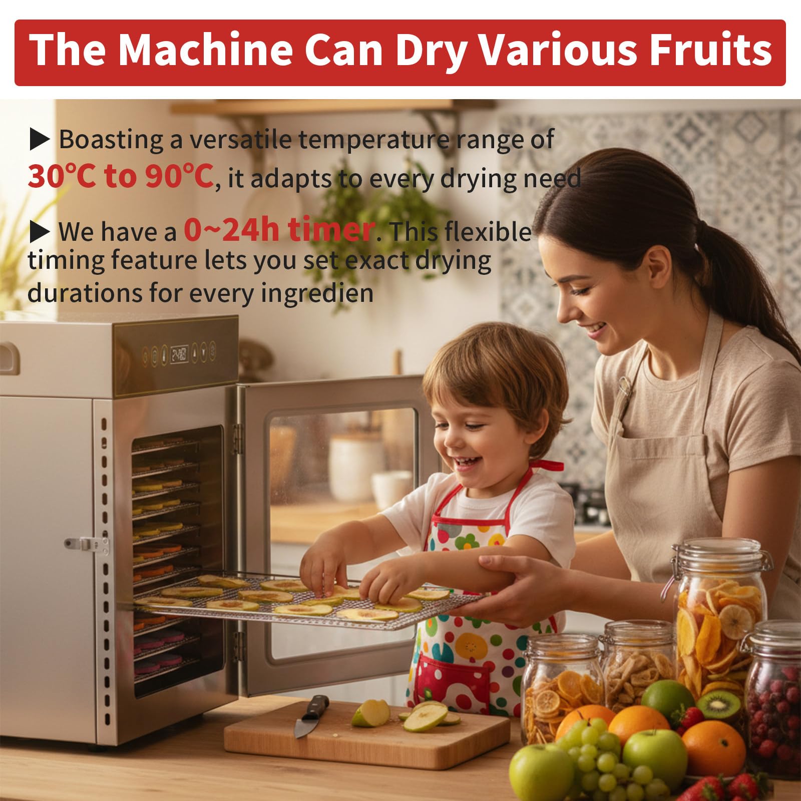 Essiccatore per Alimenti, Vassoi Impilabili in Acciaio Inox da 12/18 con Timer Digitale Regolabile E Controllo della Temperatura, Conservatore Elettrico per Frutta, Carne 800W18Trays