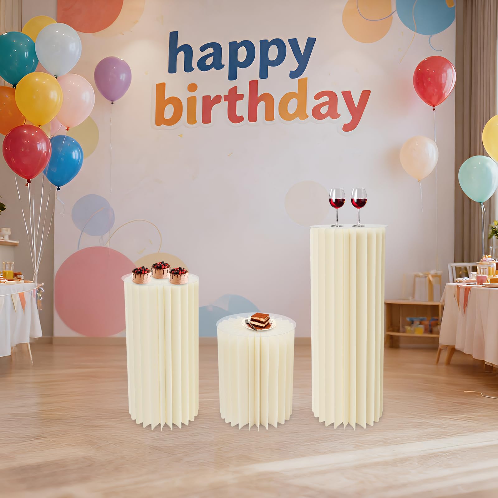 Juego de 3 centros de mesa plegables de cartón, altura 40/60/80 cm, soporte cilíndrico para flores con capacidad de carga de 25 – 30 kg, pantalla de columna de papel y PVC, fácil de plegar y