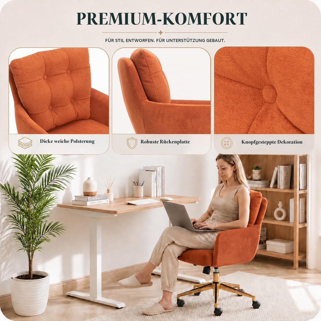 Schreibtischstuhl Polsterstuhl Samt, 360° Drehstuhl mit Rollen, Armlehnstuhl Höhenverstellbar mit Metallbeinen und Kissen, Bürostuhl (Orange)