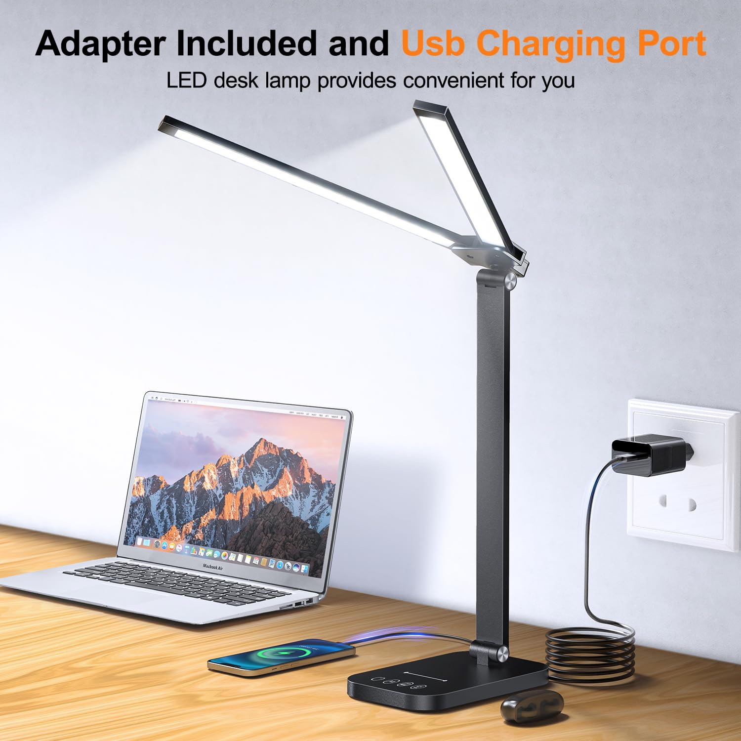 One Fire Led Lampe de bureau double tête, 10 niveaux de luminosité, 5 couleurs, avec prise d'alimentation, pliable et réglable, minuteur de 45 minutes