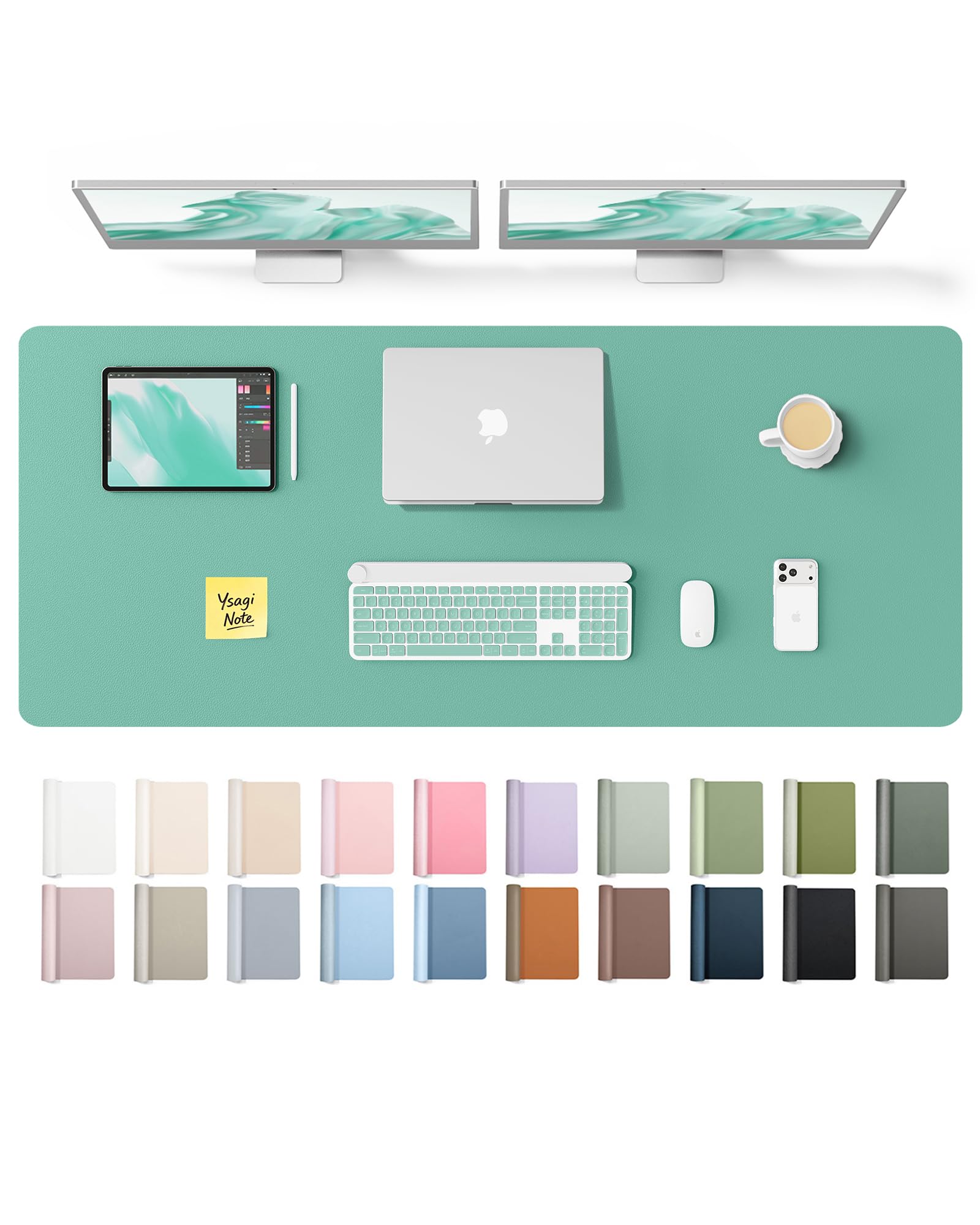 YSAGi Leather Desk Pad Protector, Office Desk Mat, Large Mouse Pad, Non-Slip PU Leather Desk Blotter, Laptop Desk Pad, Waterproof Desk Writing Pad for Office and Home (Green-Blue,55" x 17.2")