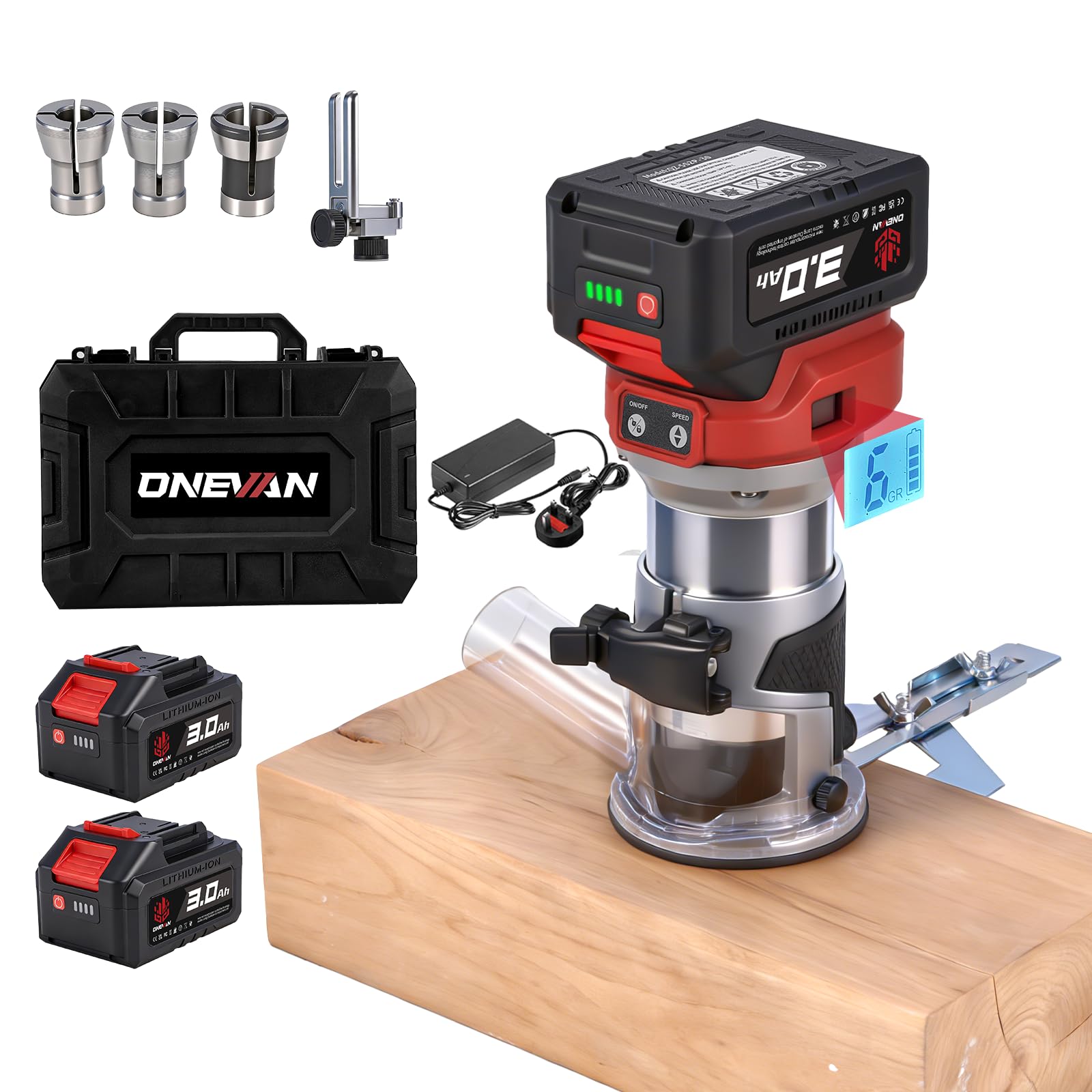 Cordless Wood Router Palm Router Tool- Brushless Router Trimmer with Digital Display, 6-Speed, 30mm Depth Adjustment, Aluminium Base, 2×3.0Ah Batteries, (6/6.35/8) mm Collets for Woodworking