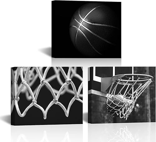 OuElegent 3 paneles de lienzo de baloncesto en blanco y negro para pared, diseño de aro de baloncesto, redes de baloncesto, impresiones artísticas