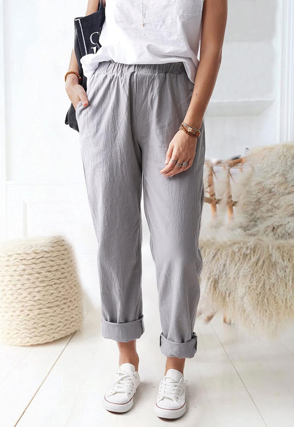 ASHER FASHION Womens Casual Elastic High Waist Long Pants with Pockets Solid Color