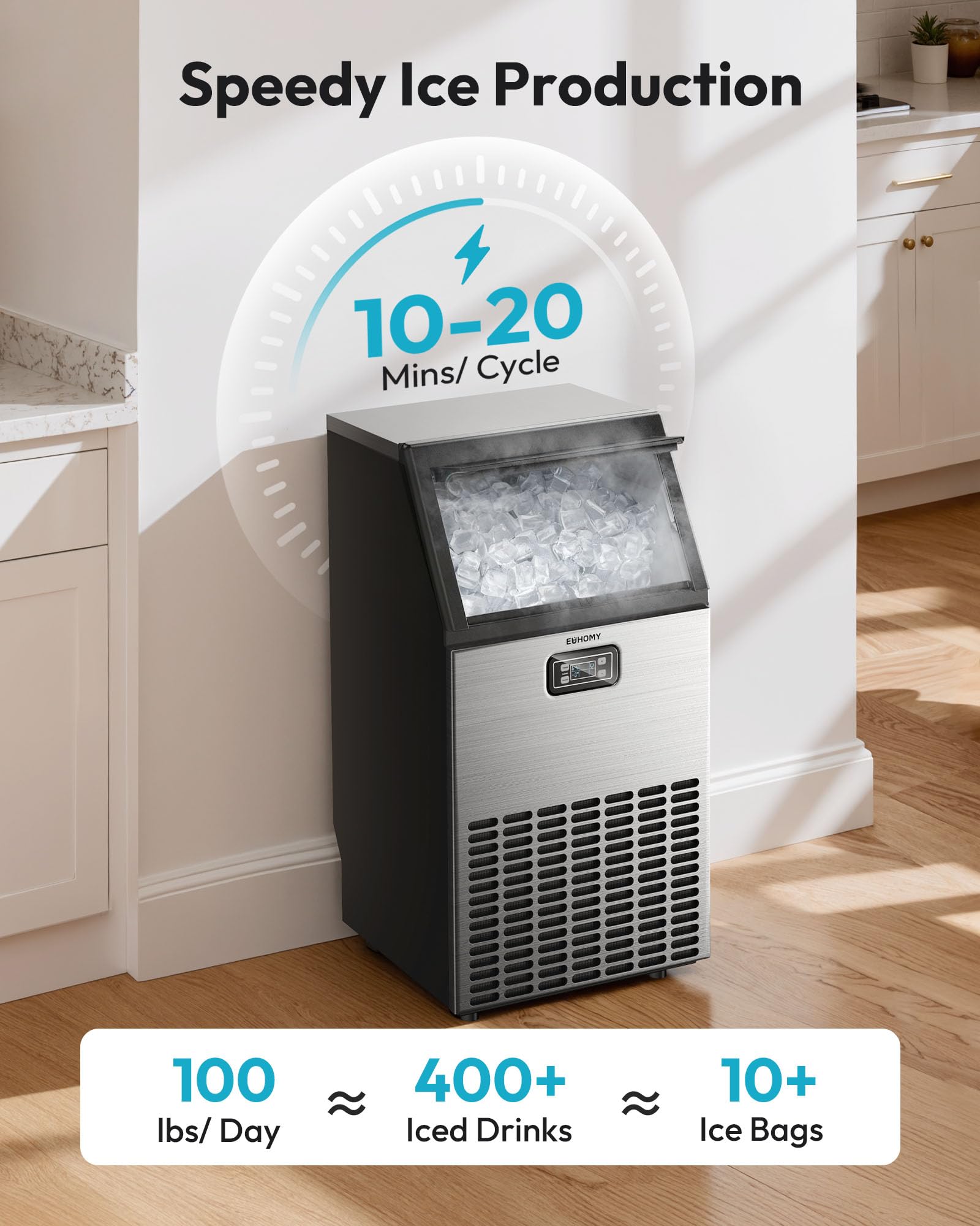 EUHOMY Commercial Ice Maker Machine - 100lbs Daily Production 33lbs Ice Storage Stainless Steel Freestanding & Under Counter Ice Maker Ideal Ice Maker for HomeBarRestaurantOutdoor Activities product thumbnail 3