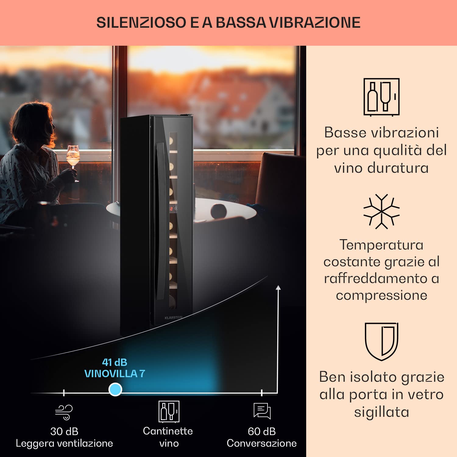 KLARSTEIN Cantinetta Vino Design da Incasso, Refrigerata a Zona Singola per Vino Rosso, Bianco e Birra, Controlli Touch, Frigo per Esterno/Interno, 20L, 7 Bottiglie