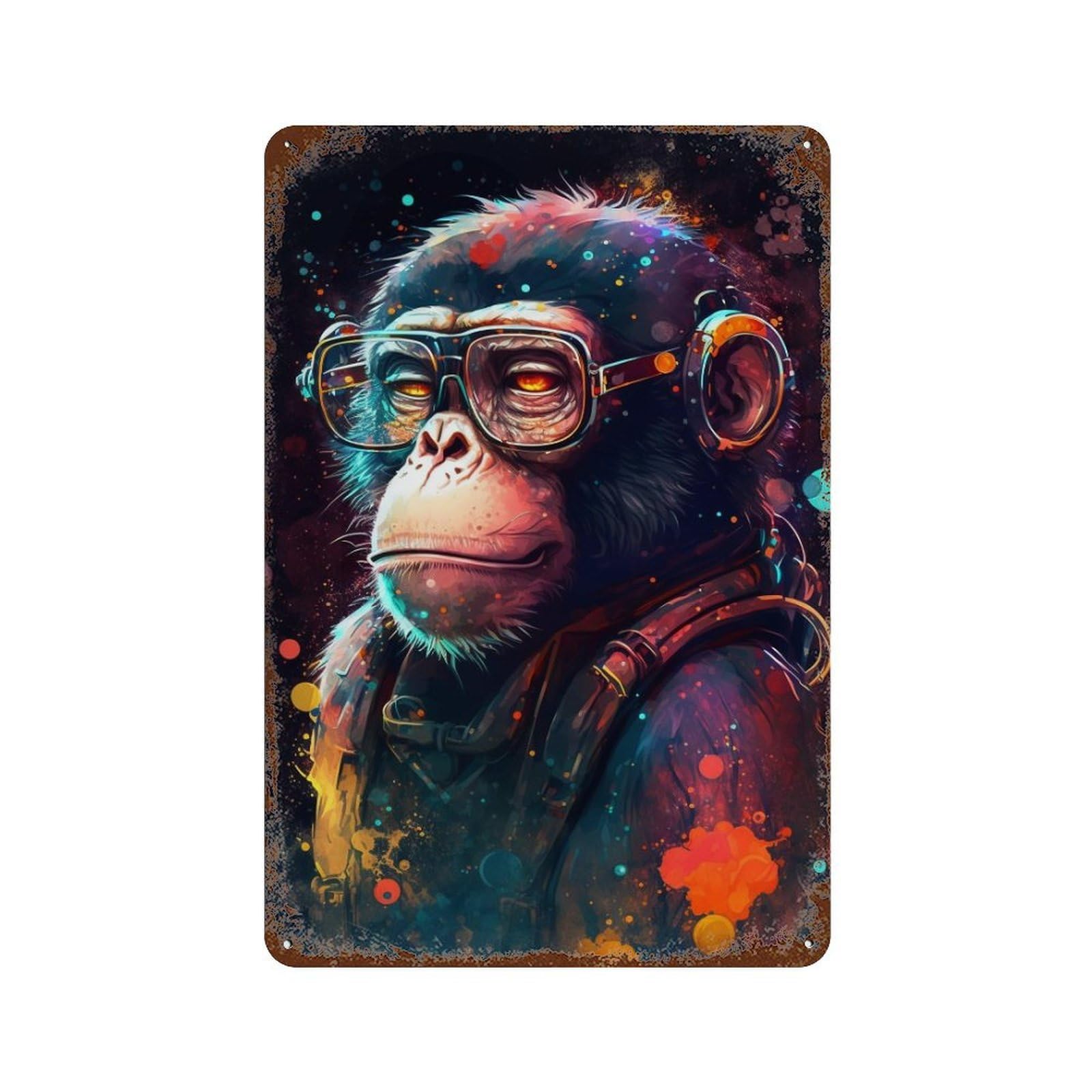 Chimpanzee with Glasses Art Print-1 11.8"x7.9" Vintage Rust Metal Sign, Novelty Wall Decor for Living Room, Hallway And Home Decor