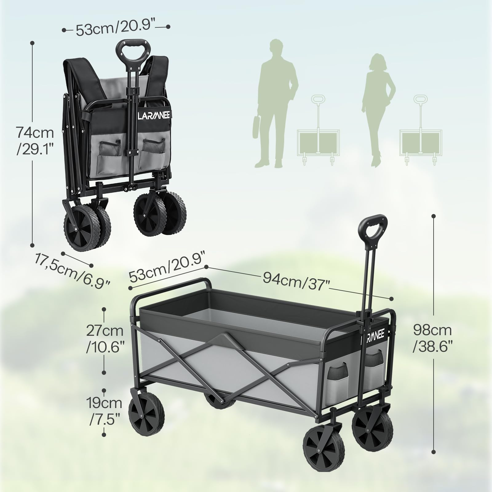 LARMNEE Faltbarer Handwagen, Gartenwagen, tragbarer Campingwagen mit verstellbarem Griff und 4 verstärkten Rädern, Bollerwagen, bis 120 kg belastbar, für Camping, Garten, Schwarz und Grau EBG01BW02