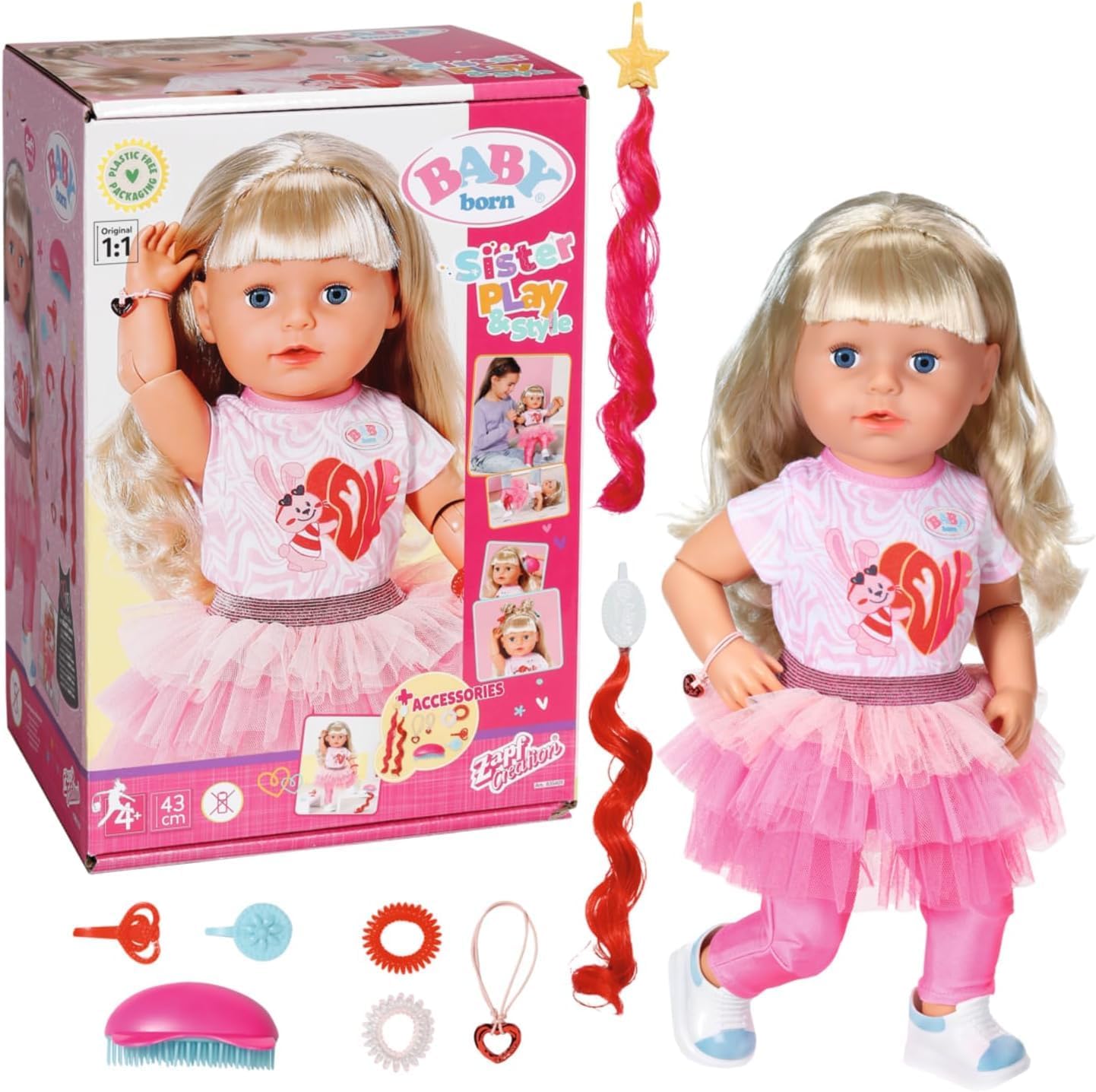 BABY born Sister Play & Style 835401-43cm Doll with Posable Head and Body - Features 7 Lifelike Functions and 10 Accessories - Suitable for Kids From 4+ Years, Black, Brunette