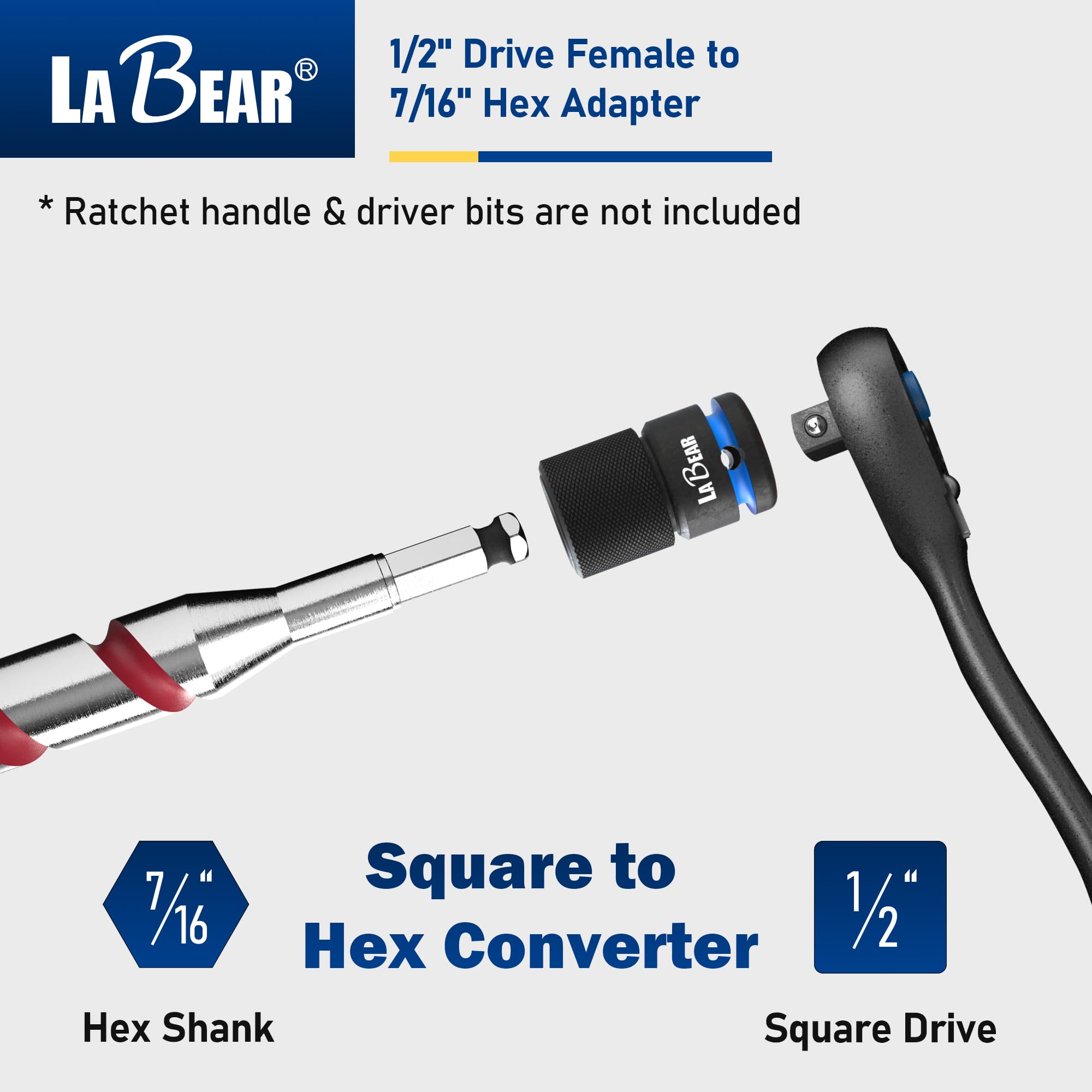 LABEAR TOOL Adapter klucza udarowego, napęd żeński 1/5.1 cm na konwerter sześciokątny 7/40.6 cm, szybkie zwalnianie, uchwyt szybkiej wymiany, adapter do wiertarki udarowej, stalowe klucze grzechotkowe