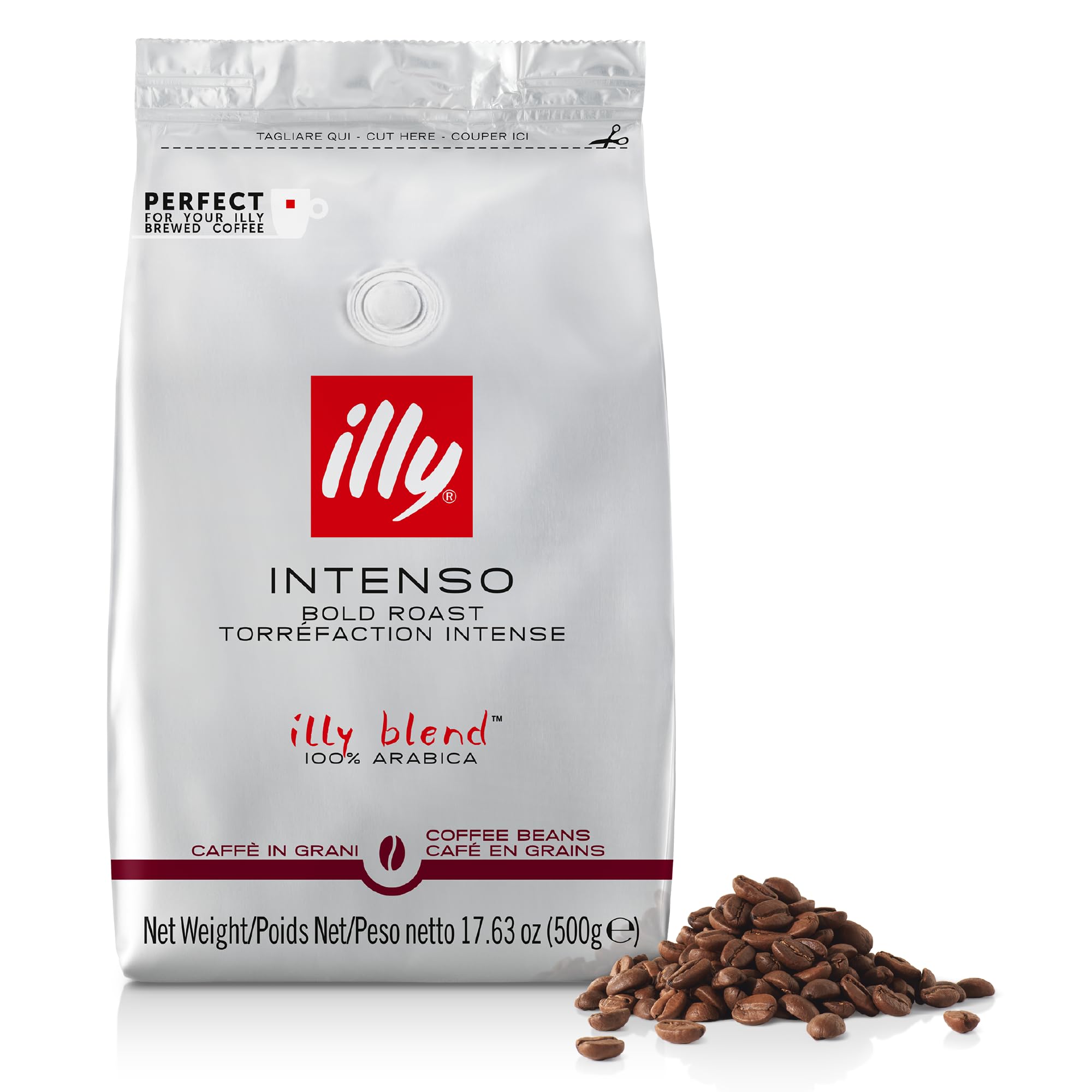 illyCoffee - Intenso Coffee Beans - Dark Roast - 100% Arabica Coffee Beans - Whole Beans - Ideal for Moka Pots, Filter Coffee, Espresso and Lungo Coffees - 500g Refill Pouch