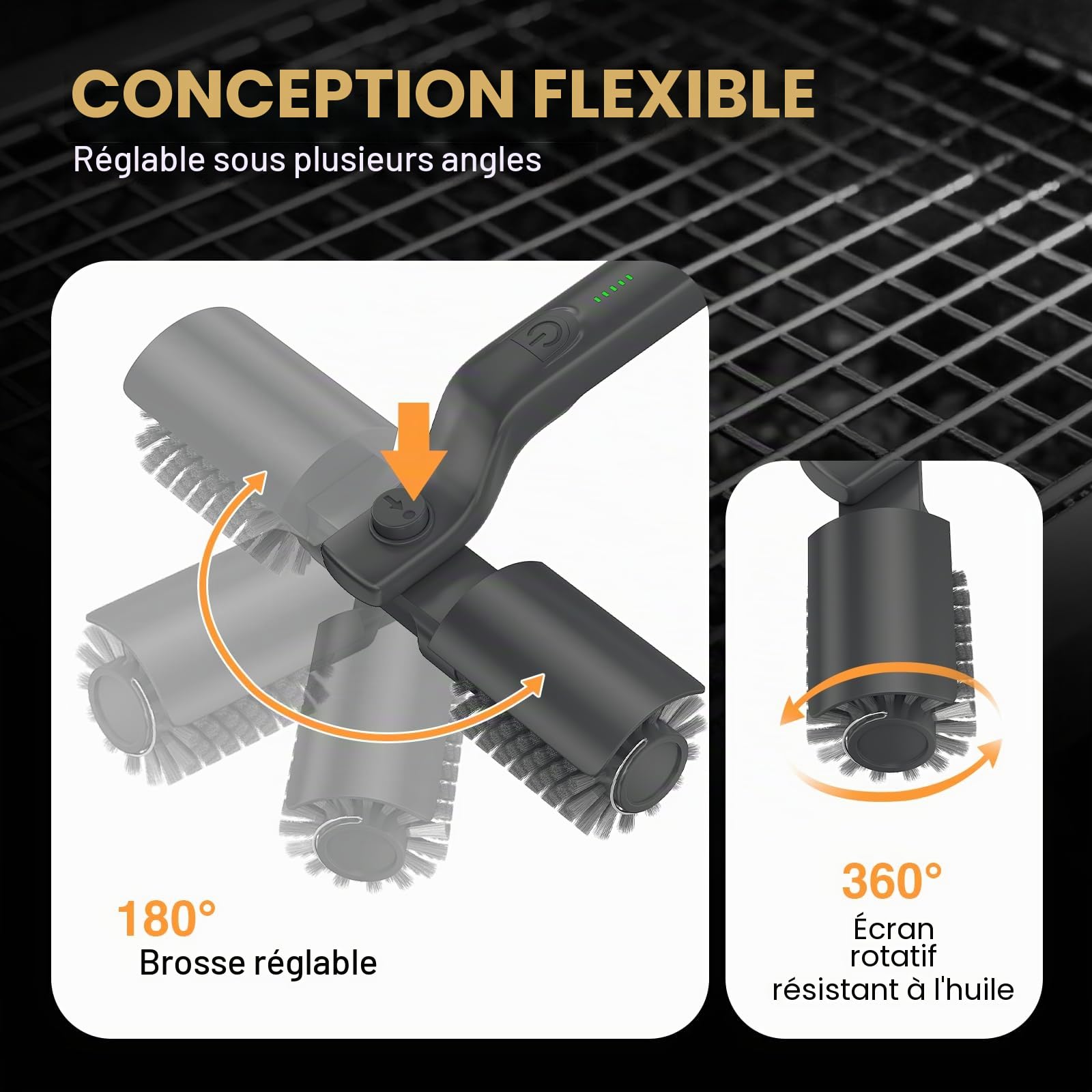 Brosse à barbecue électrique, nettoyeur BBQ sans fil avec tête réglable à 180°, nettoyage en 3 étapes, brosse à mailles 2-EN-1 pour barbecue avec batterie, IPX7 étanche, tête de brosse en acier