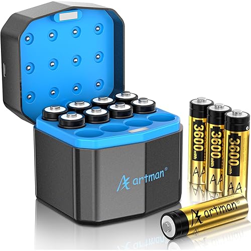 Artman Lithium Batteries AA Rechargeable 12 Pack with 12-Slot Charger, 3600mWh 1.5V High Power AA Lithium Batteries for Blink Outdoor Camera, Rechargeable Double A Battery with 2000+ Cycles (Gold)
