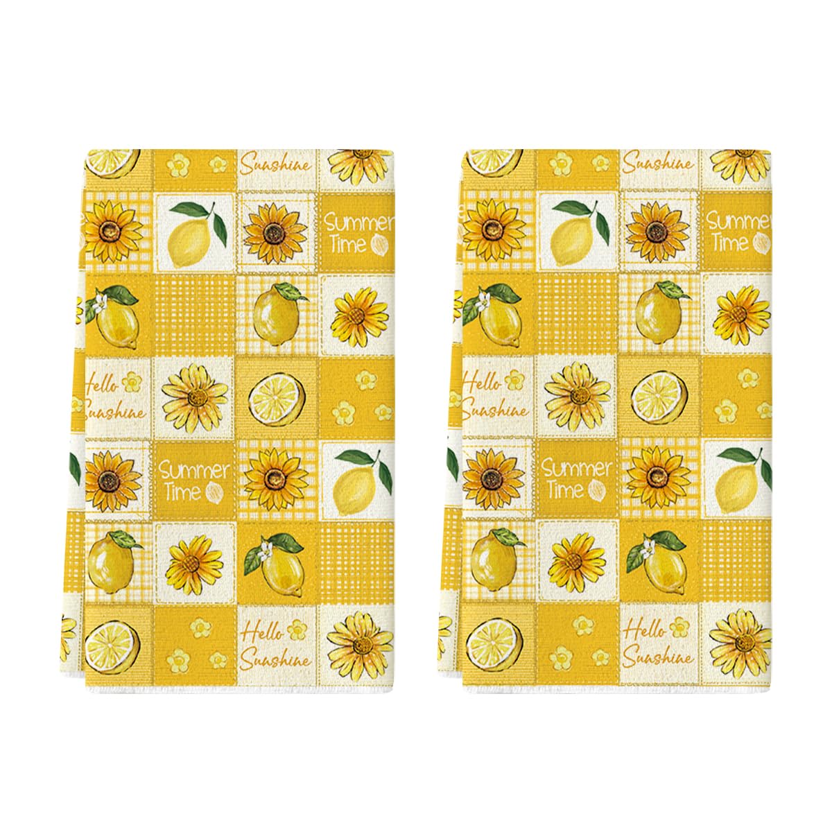 Artoid Mode Buffalo Plaid Lemon Sunflower Flower Summer Kitchen Towels Dish Towels, 42x65 cm Seasonal Spring Polyester Decoration Hand Towels Set of 2