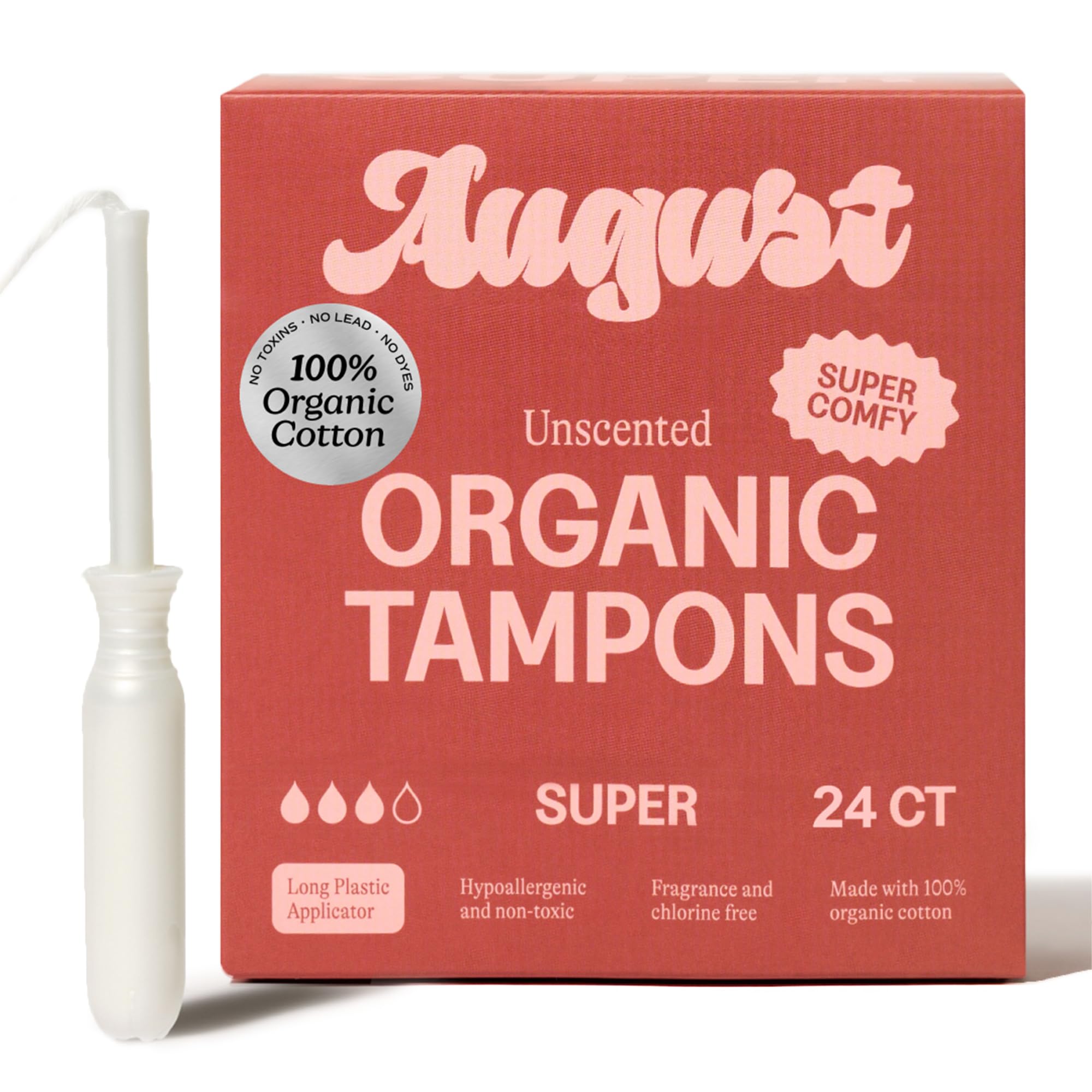 August Super Tampons - 24-Pack 100 Organic Cotton Tampons for Women and Anyone Who Menstruates Non-Toxic Fragrance-Free and