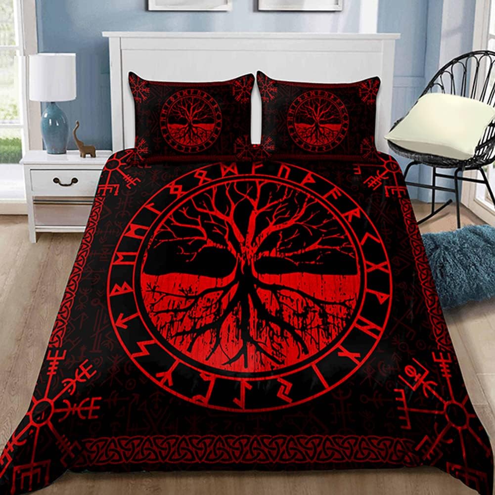 Nordic Tree of Life 3 Piece Bedding Set, Viking 3D Print Duvet Cover with Pillowcases, Scandinavian Folklore Motifs Bedroom Home Textiles,Red,King