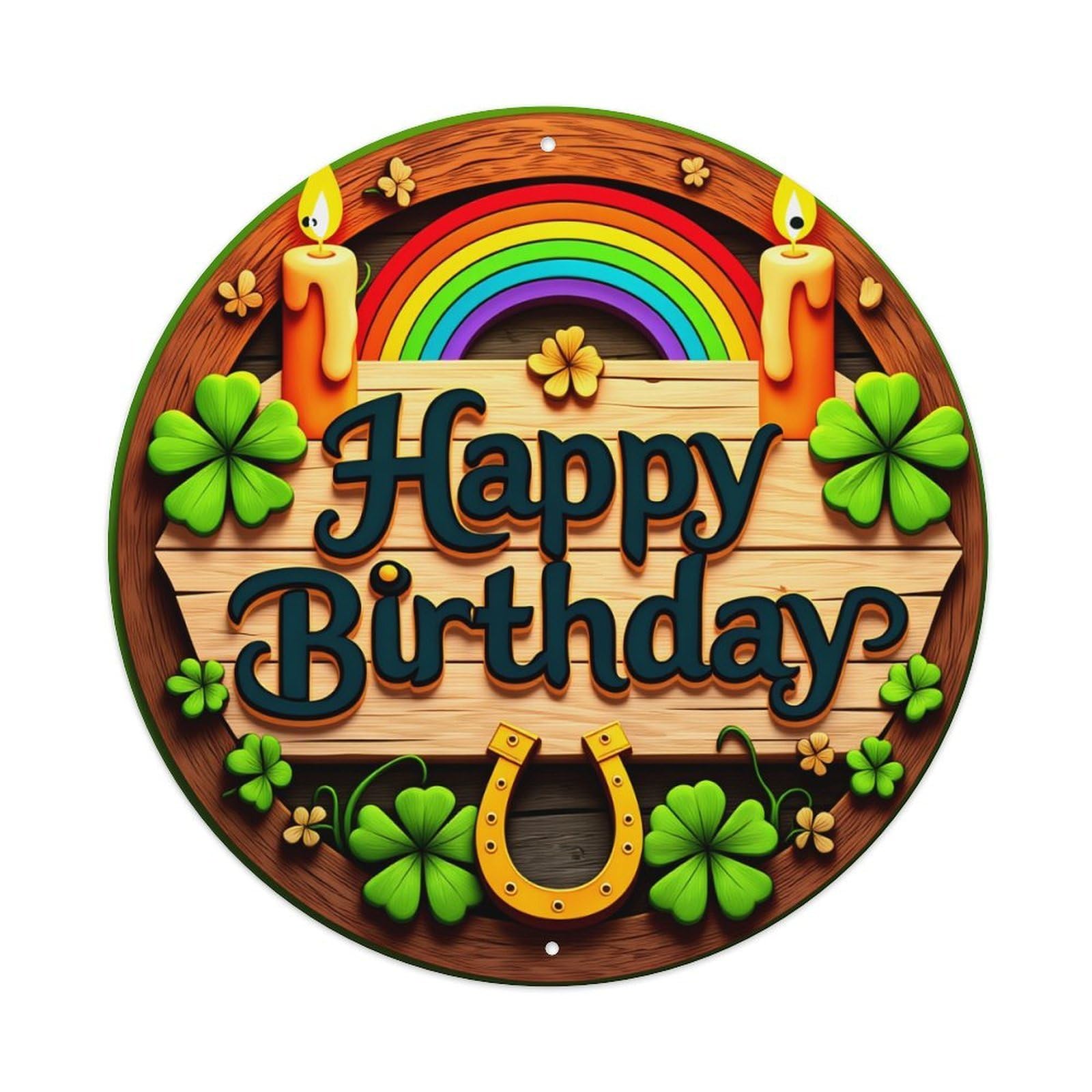 Happy Birthday Rainbow Candles Clover Round Tin Sign Vintage Metal Poster, Home Bar Garage Man Cave Cafe Indoor & Outdoor Wall Decoration 8x8Inches