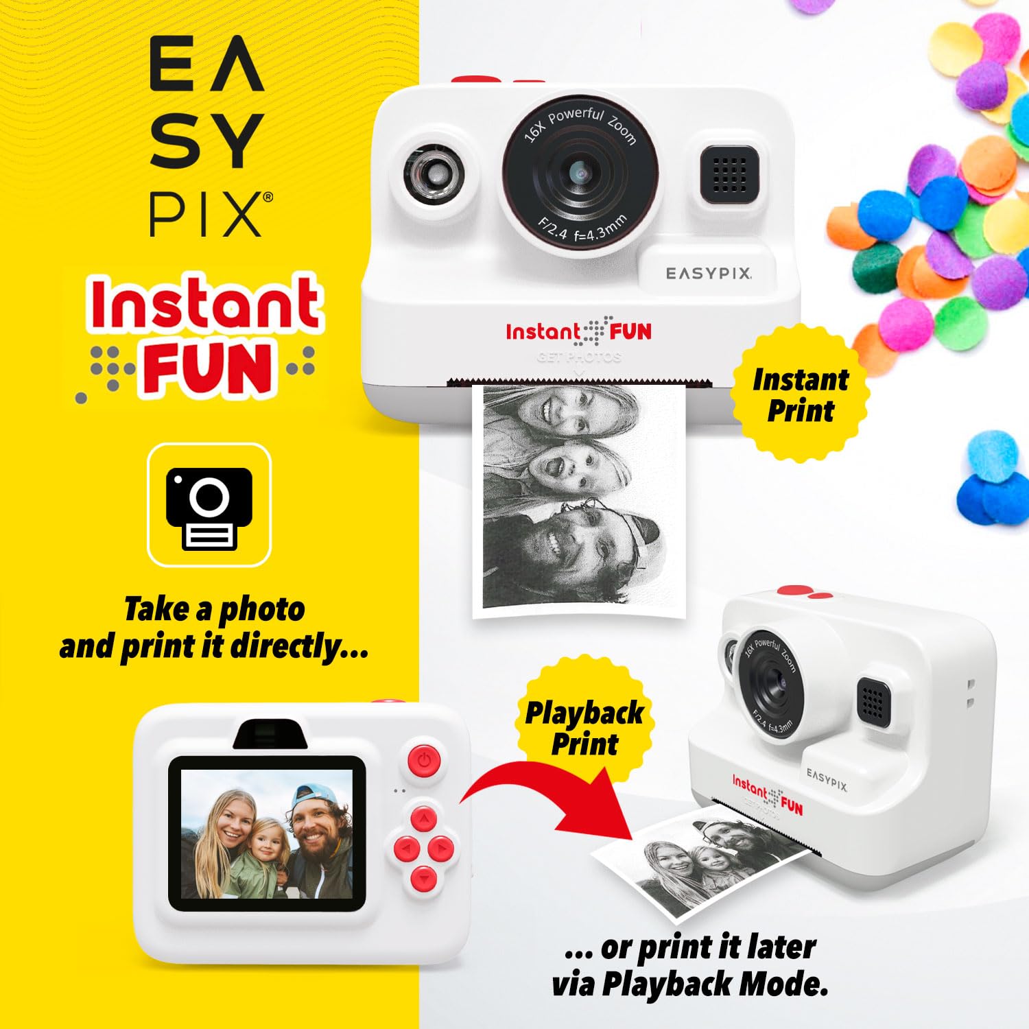 Easypix InstantFUN Appareil Photo instantané, Plaisir créatif pour Adultes et Enfants, Impression Thermique en Noir et Blanc, Papier sans BPA, Rechargeable, Impressions sans Encre