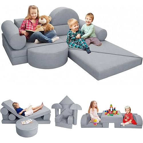 Modular Play Couch for Kids Toddler Teens, Premium Kids Sofa for Boys Girls, Ideal DIY Gift for Creativing Playroom Couch for Playroom Bedroom Nursery, Grey