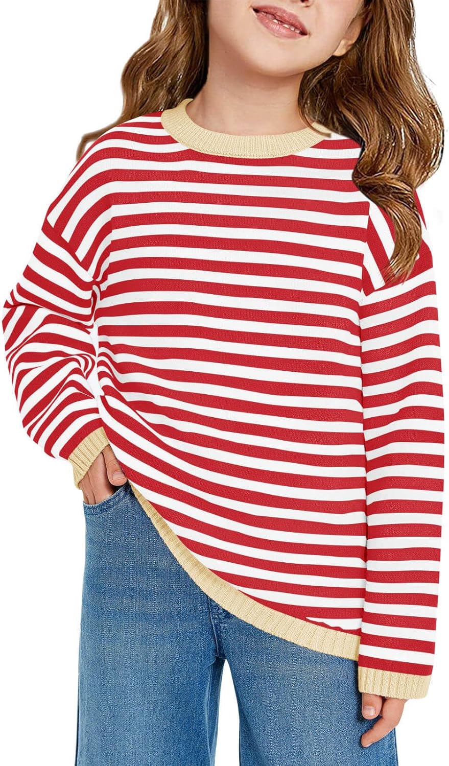 Haloumoning Girls Sweaters Casual Long Sleeve Crewneck Striped Color Block Knit Pullover Tops 5-14Y Haloumoning Girls Sweaters Casual Long Sleeve Crewneck Striped Color Block Knit Pullover Tops 5-14Y