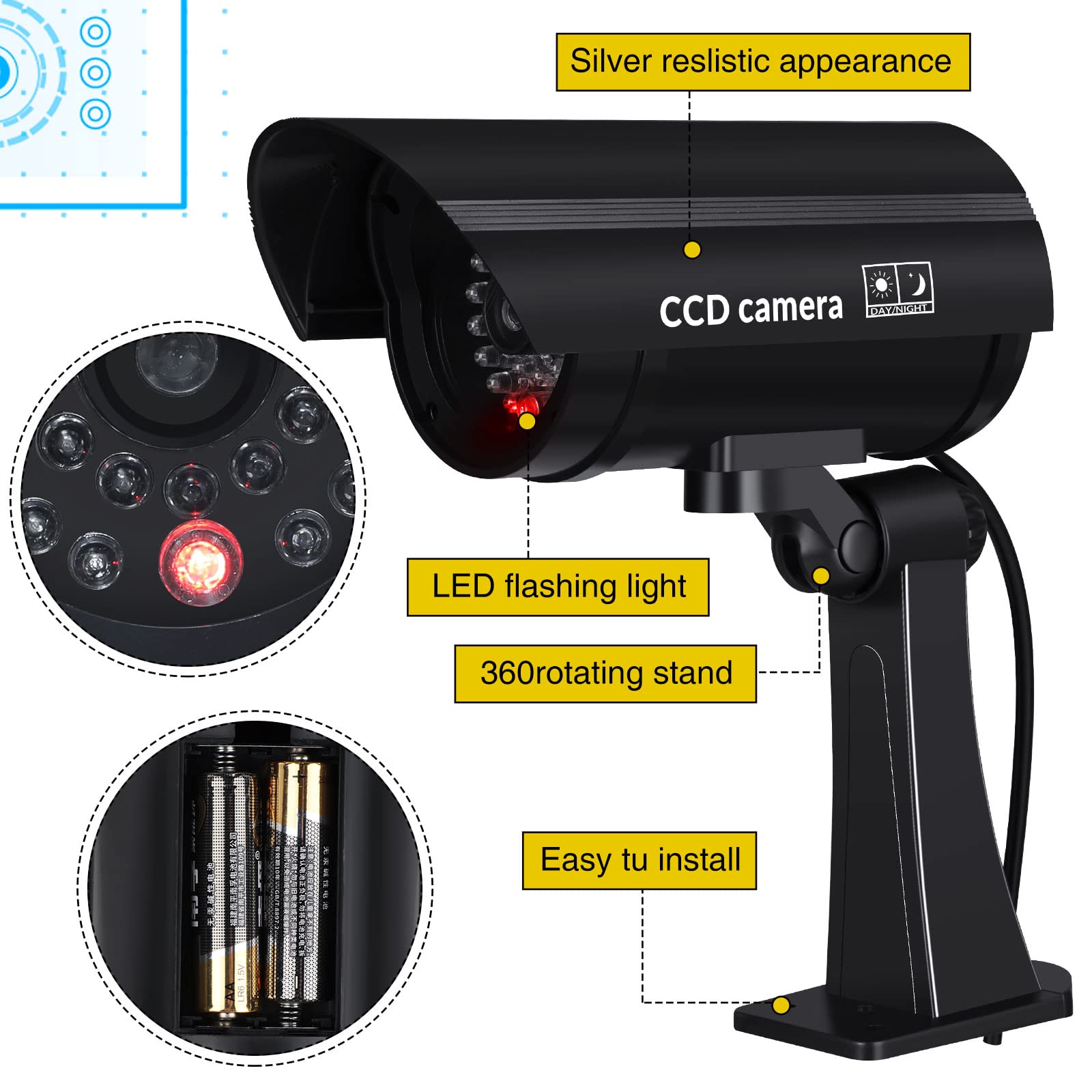 Macarrie 8 Stück gefälschte Kamera, realistische Attrappe, Sicherheitskamera, Kunststoff, gefälschte Video-CCTV-Überwachungssystem mit Bewegungs-LED-Licht für Zuhause, Außen, Innenbereich, keine