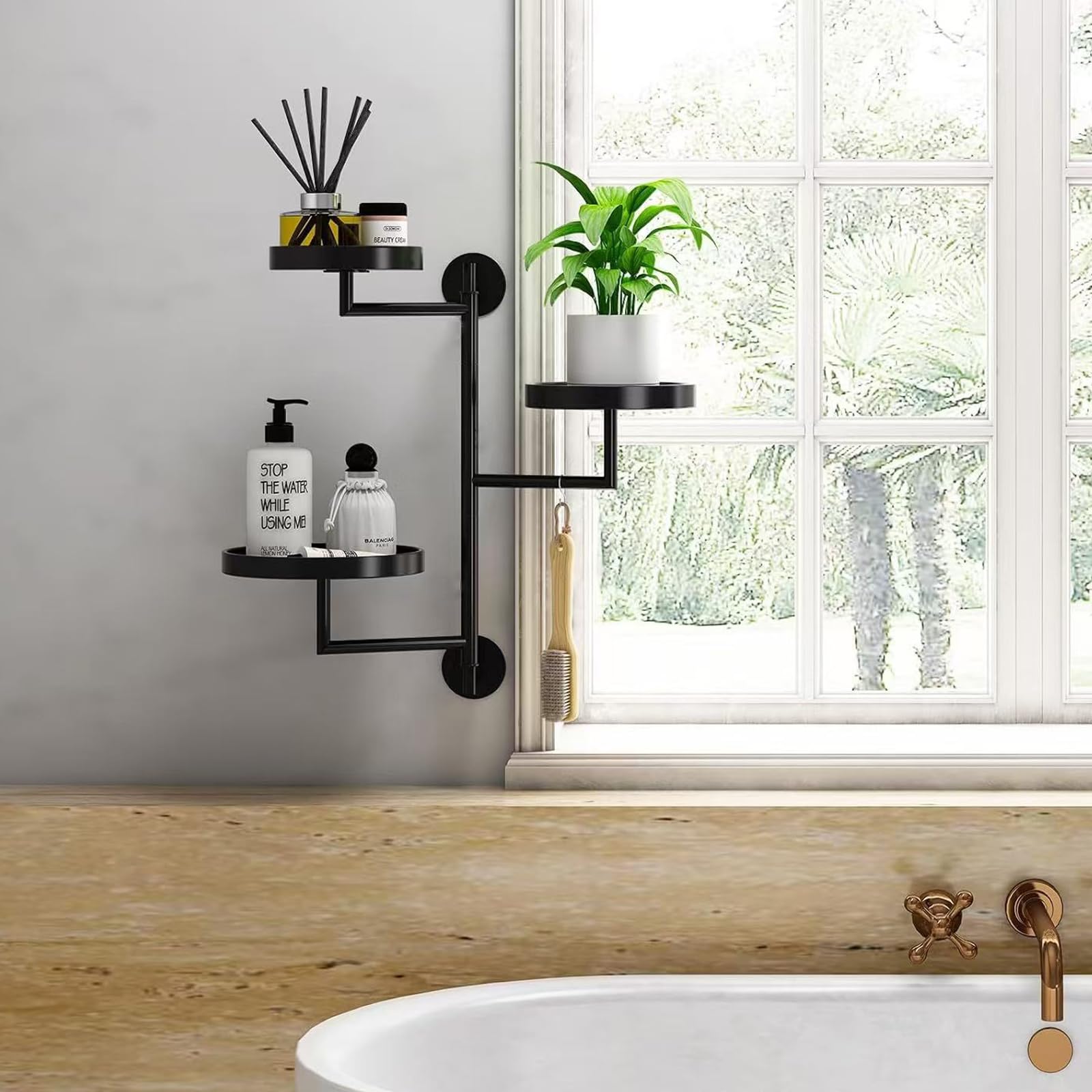 Estanteria para Plantas Interior, Soporte para Plantas de Metal de 3 Niveles, Estante para Plantas de Pared Giratorio de 180°, Estante Flotante para Plantas Montado en la Pared para Espacios Pequeños