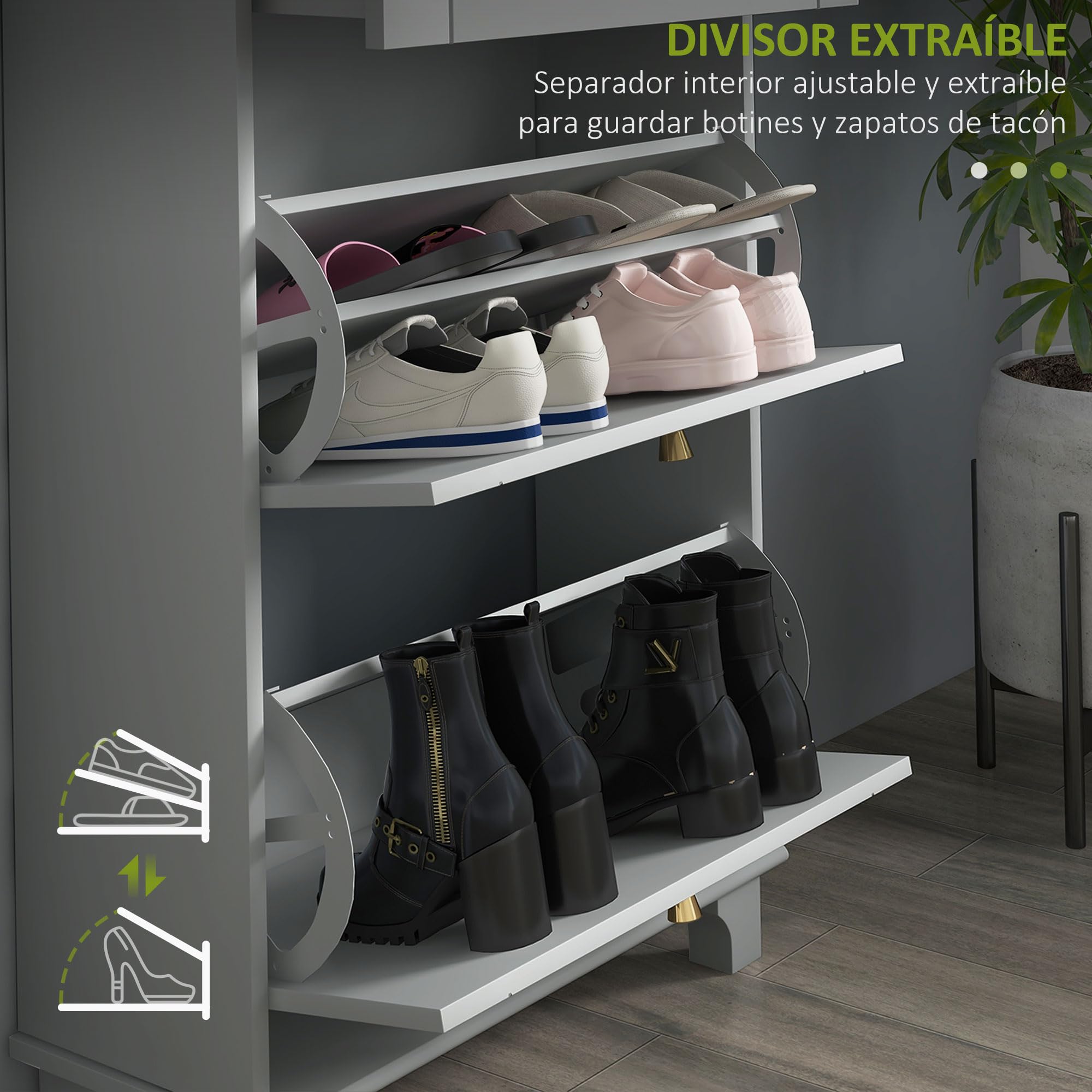 HOMCOM Scarpiera stretta scarpiera ingresso corridoio con 2 cassetti pieghevoli e 1 cassetto estraibile per 8 paia di scarpe per corridoio 60 x 23,5 x 98,5 cm grigio