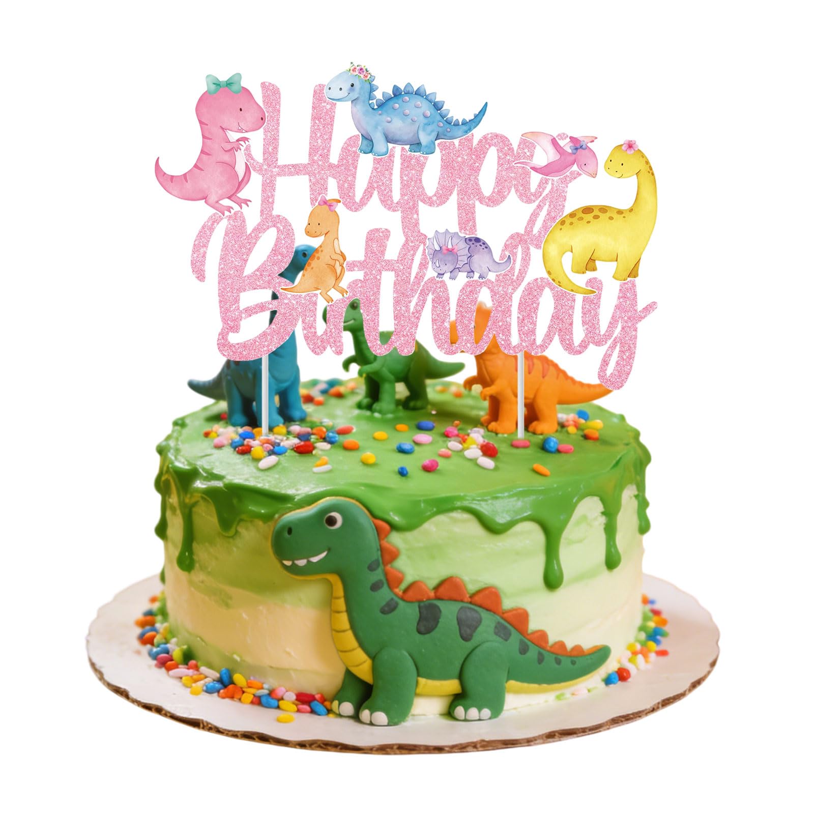 Bubaxuce Dinosaur Birthday Party Cake Topper Dinosaur Celebration Decorations For Girls 1 Piece Pink Glitter Prehistoric Theme Birthday Cake Topper